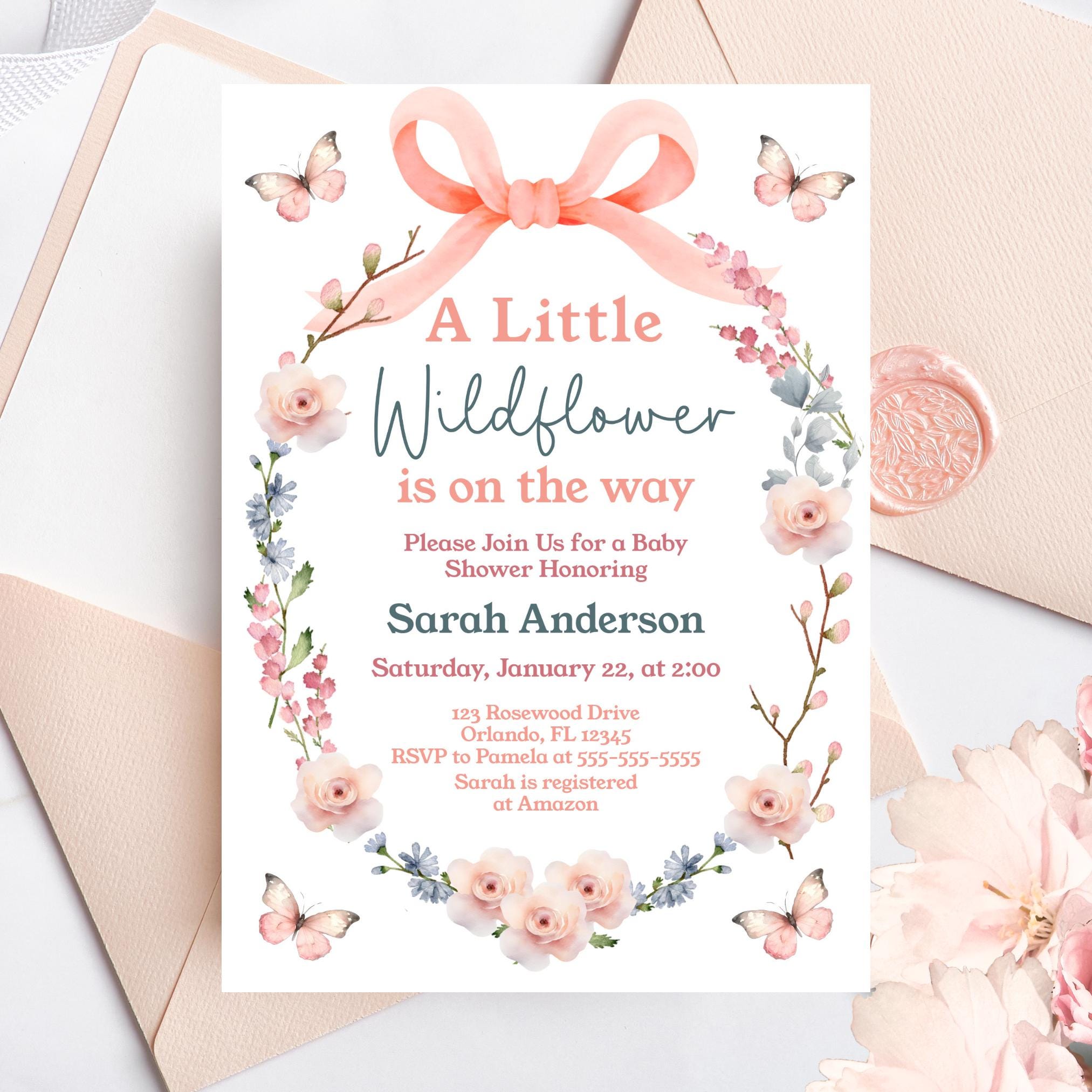 Wildflower and Butterfly Baby Shower Invitations Wildflower Invite Baby Shower Invite A Little Wildflower is on the Way Baby Invite Girl W12 Graphic Tee – Everyday Comfort · High-Quality Print