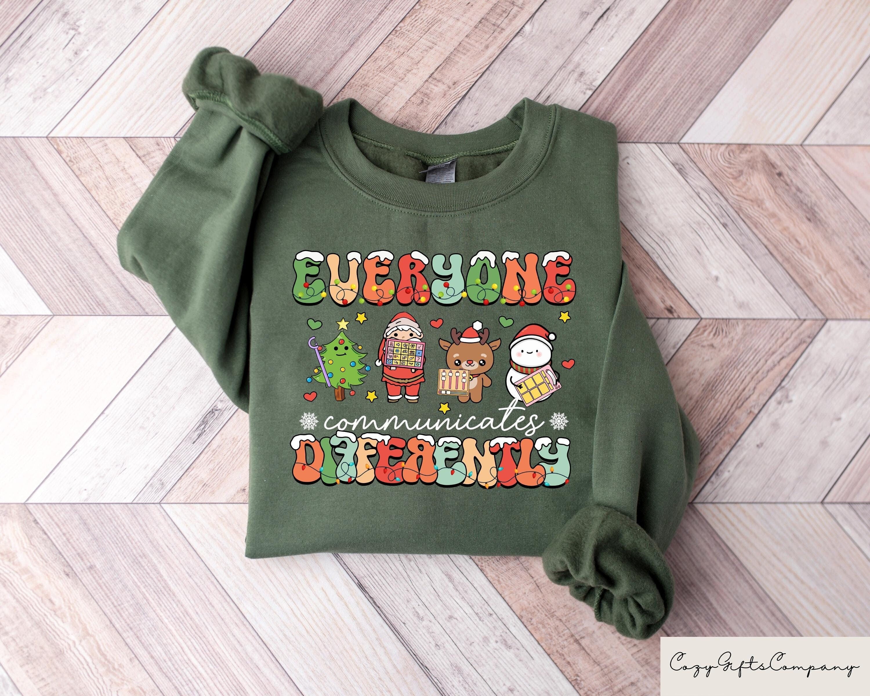 Everyone Communicate Differently Shirt SLP Christmas T shirt Christmas Gifts For Speech Therapist Autism Awareness Christmas Sweatshirt Sweatshirt – Aesthetic Look · High-Quality Print