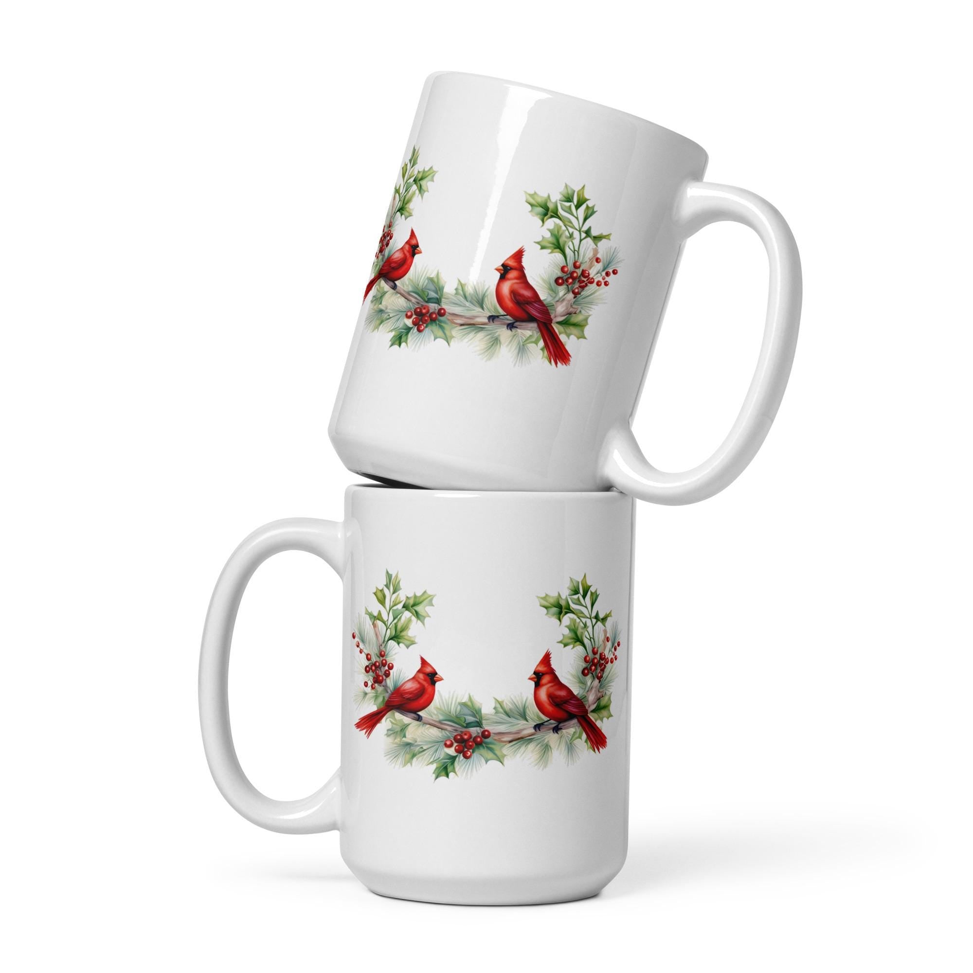 Beautiful Double Cardinal Christmas Pine Branch White glossy mug Graphic Tee – Warm & Stylish · Top Pick For Any Outfit