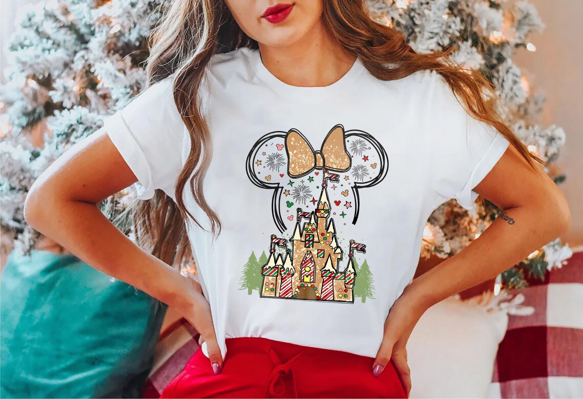 Minnie Mouse Christmas Castle T Shirt Gingerbread Castle with Minnie Ears Tee Disney Holiday Shirt for Christmas Gift for Winter Celebration Graphic Tee – Aesthetic Look · Trending Graphic Apparel