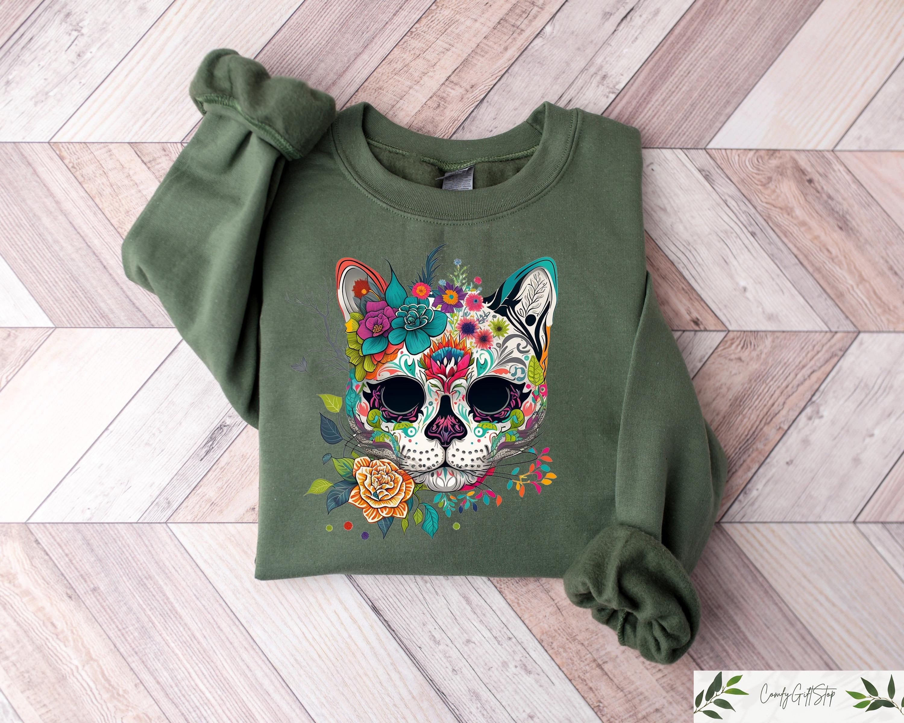 Day Of The Dead Sweatshirt Cat Sugar Skull Shirt Dia De Los Muertos Sweater Sugar Skull Crewneck Womens Sweater Sweatshirt – Premium Graphic · Trending Graphic Apparel