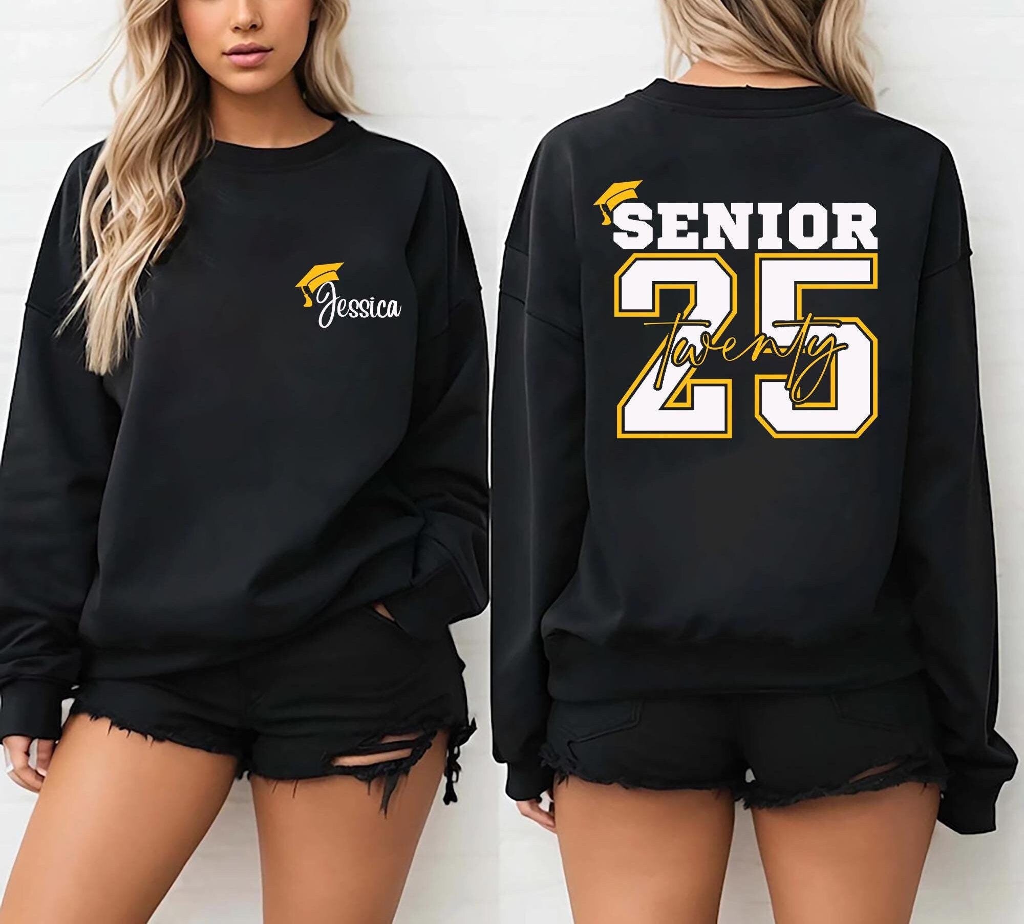 Personalized Senior 2025 Sweatshirt or Hoodie Custom Graduation Gift with Name Class of 2025 Apparel Grad Cap Design Senior Year Sweatshirt Hoodie – Bold Style · Trending Graphic Apparel