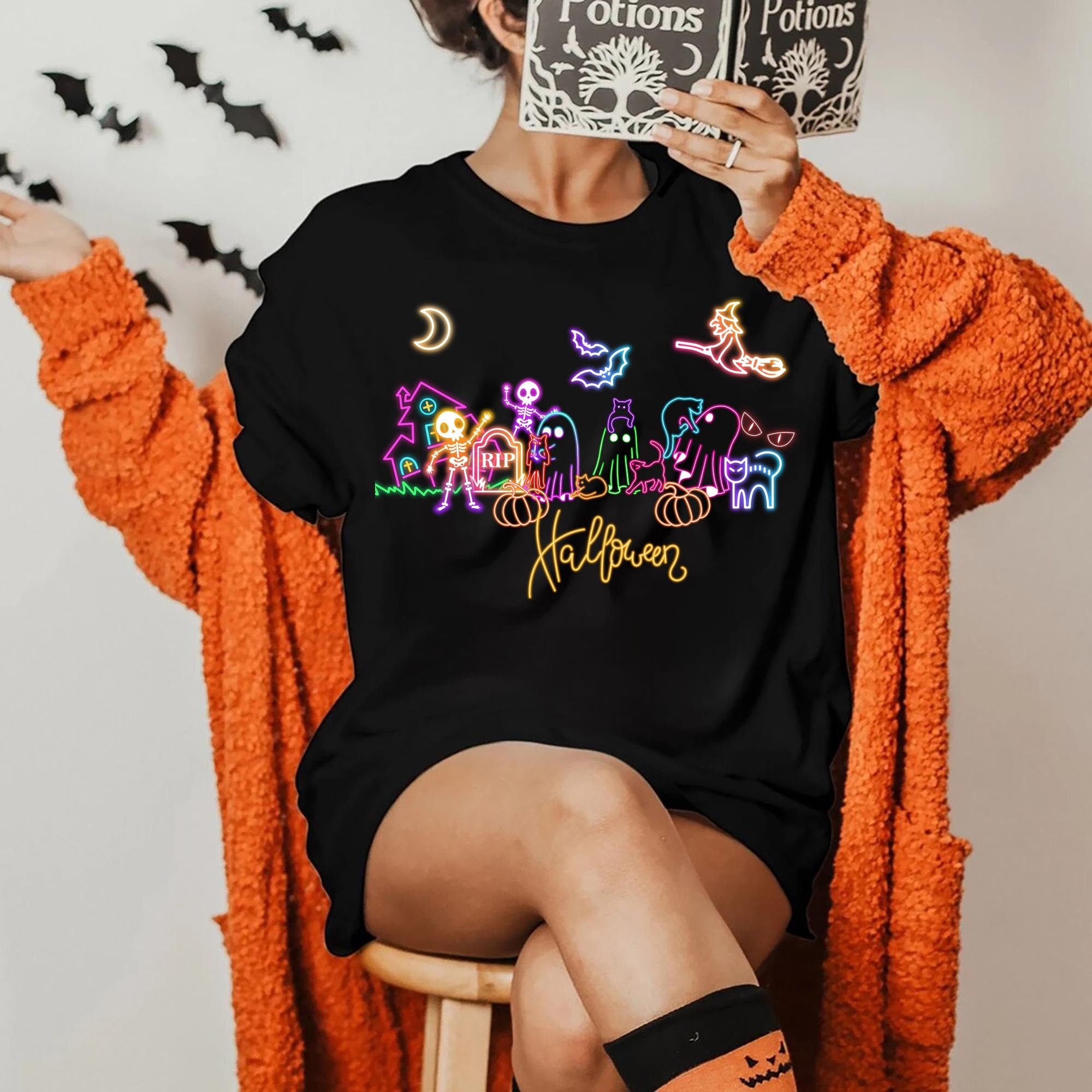 Neon Halloween Shirt Glow in the Dark Skeletons Ghosts Witch Tee Spooky Halloween Party Shirt Perfect for Trick or Treating Halloween Party Graphic Tee – Soft Feel · Perfect For Daily Wear