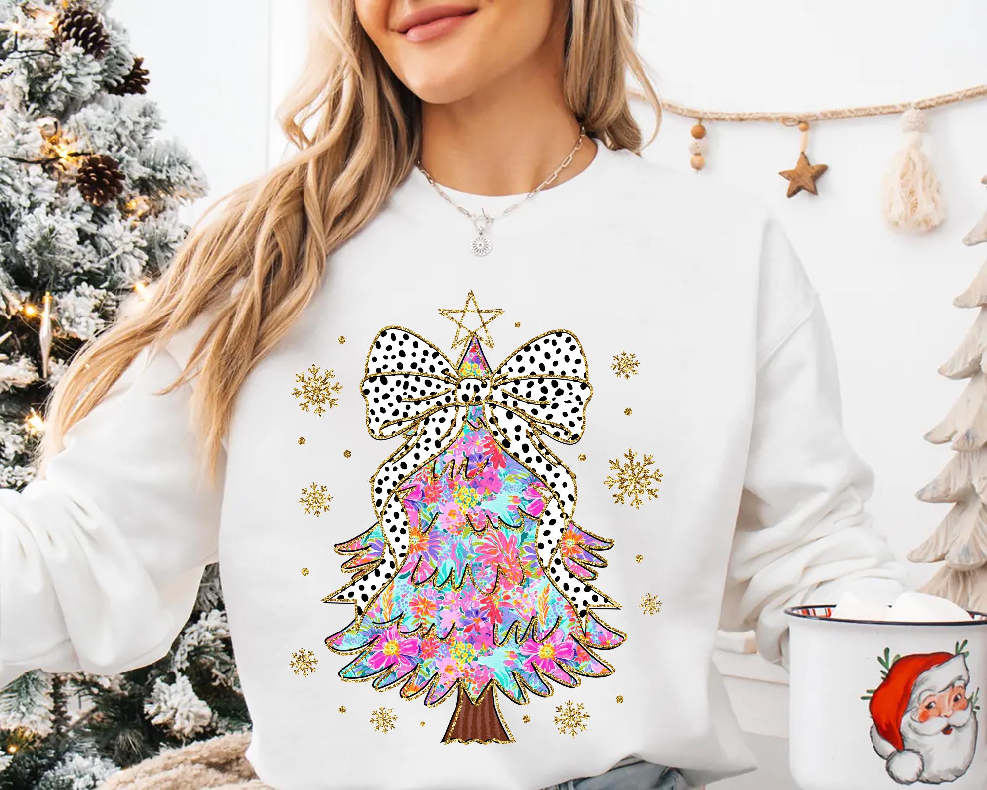 Glitter Floral Christmas Tree with Bow Shirt Festive Christmas Tree Sweatshirt or Tee Christmas Tree Shirt Christmas T shirt Gift for Women Sweatshirt – Fan Favorite · High-Quality Print