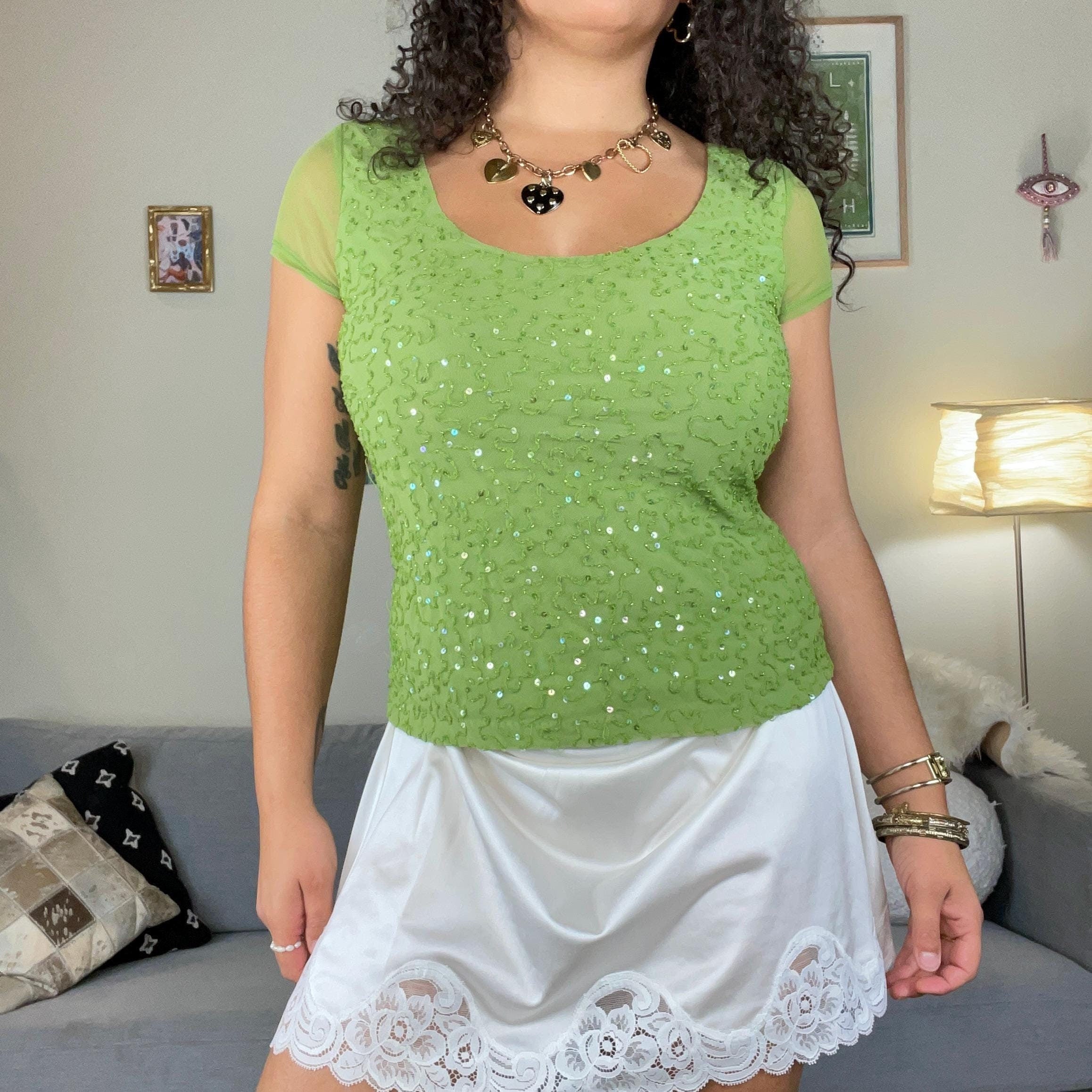 Y2K green beaded sequin mesh top vintage 00s INC size large L Graphic Tee – Easygoing Wear · Perfect For Daily Wear