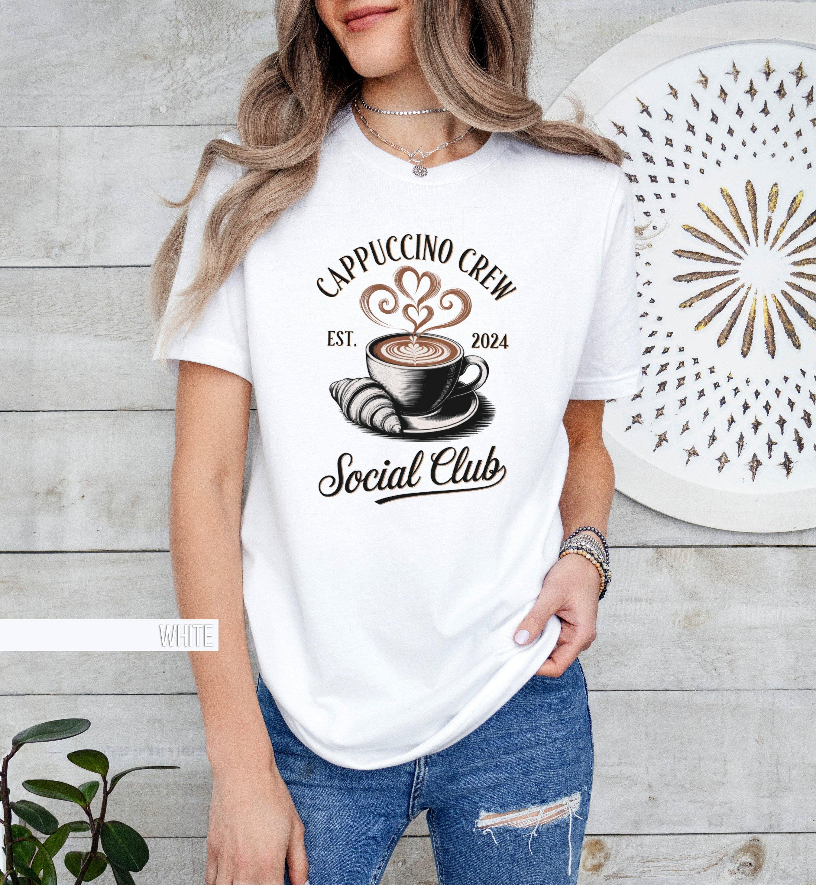 Trendy Cappuccino Crew Social Club T Shirt Coffee Lover Gift Coffee Enthusiasts T Shirt Cute Coffee Art Shirt Custom Unisex Barista Tee Graphic Tee – Bold Style · High-Quality Print