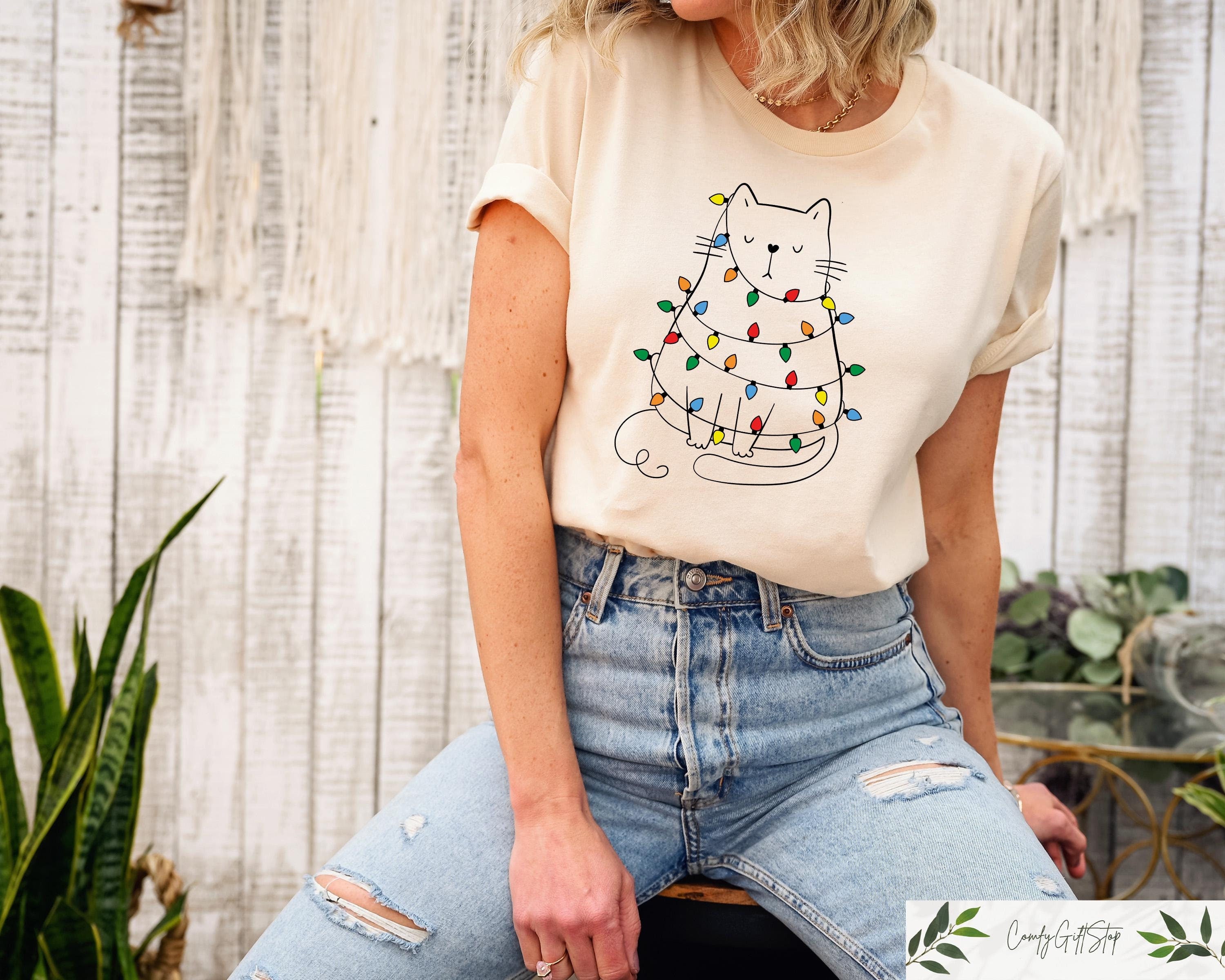 Cute Cat Christmas Lights Shirt Christmas Cat Graphic Tee Cat Mom Christmas Gifts Funny Christmas T Shirt Cat Lover Christmas Sweatshirt Sweatshirt – Fan Favorite · Perfect For Daily Wear