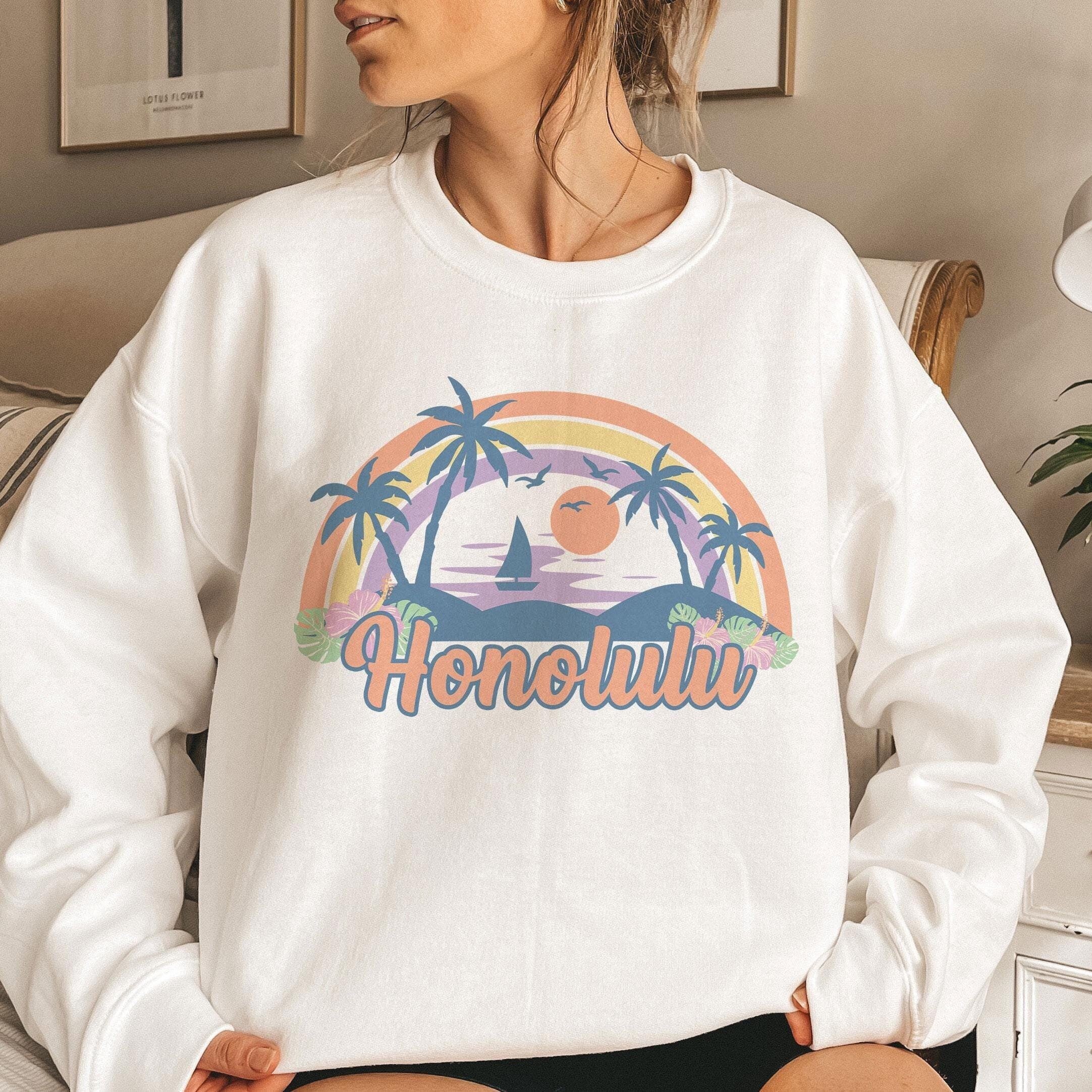 Honolulu Hawaii Sweatshirt Unisex Retro Beach Crewneck Honolulu Sweatshirt Personalization Available Sweatshirt – Bold Style · High-Quality Print