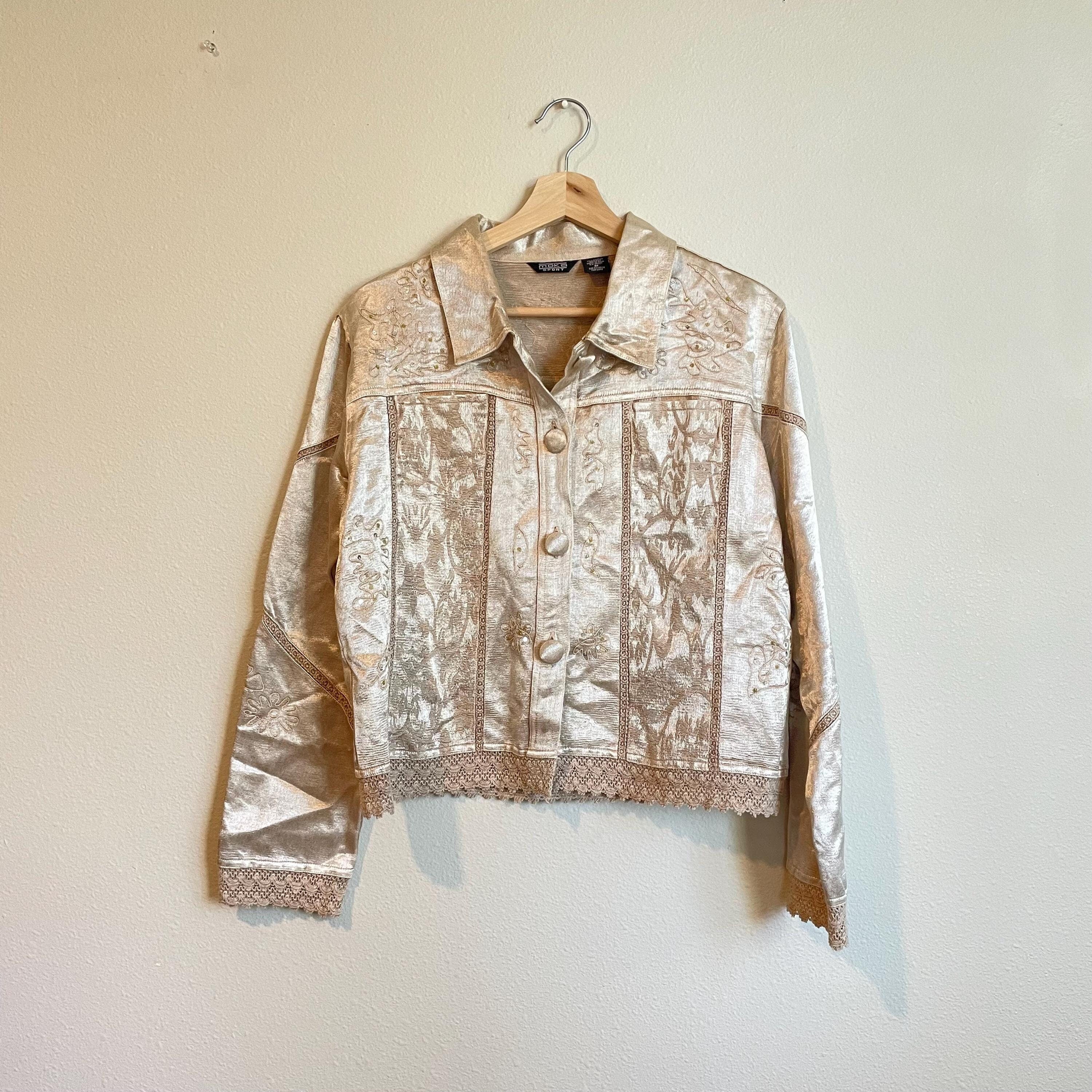 90s vintage gold champagne silk blend embroidered tapestry jacket boho fairy size m medium Graphic Tee – Easygoing Wear · Must-Have Style