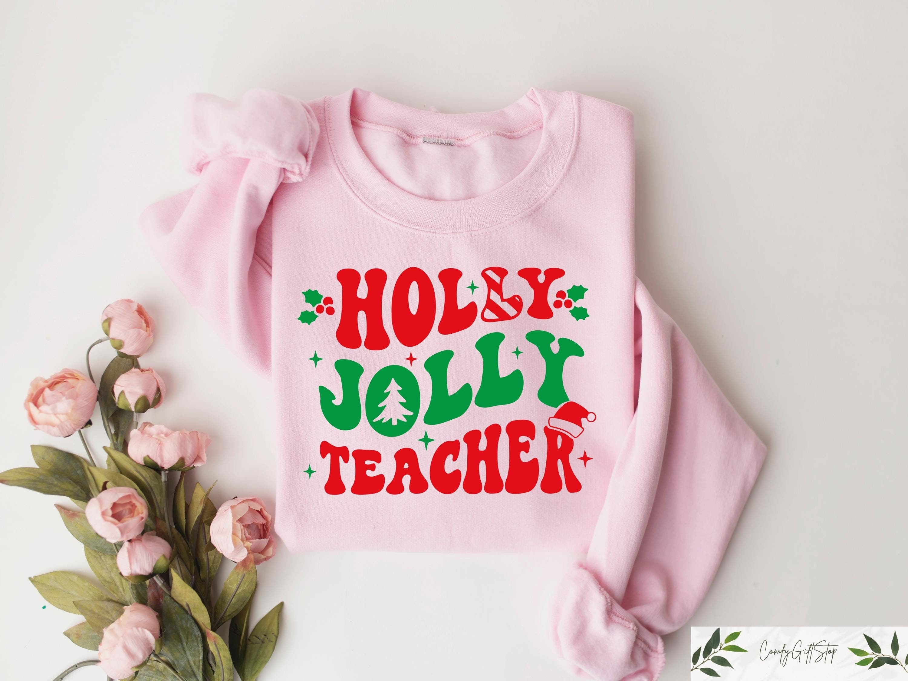 Teacher Christmas Sweatshirt Holly Jolly Teacher Cute X mas Holiday Class Party Sweater Santa Merry Elf Crewneck Snowman Snow Gift Smile Sweatshirt – Feel-Good Design · Top Pick For Any Outfit