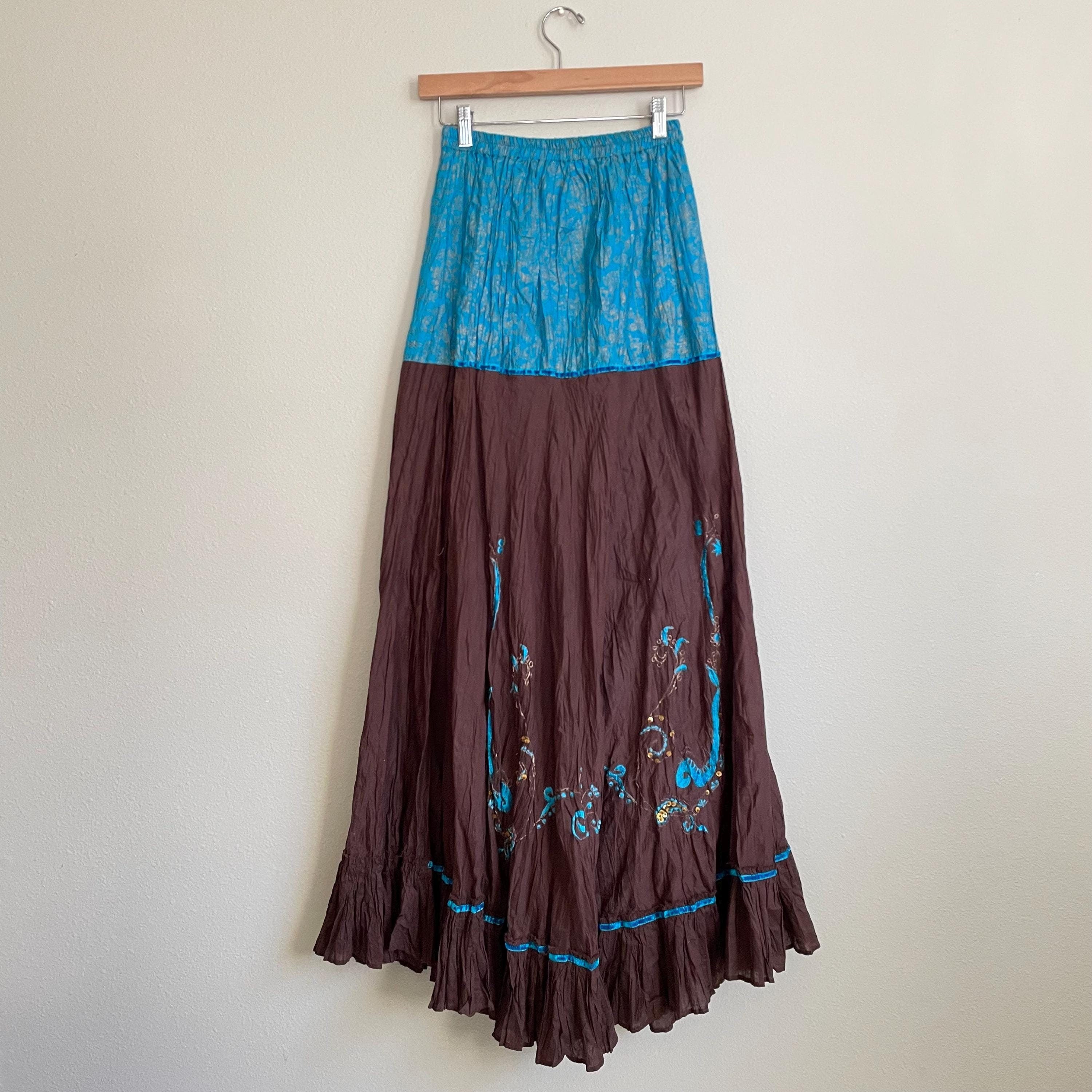 y2k vintage embroidered sequined blue and brown fairycore maxi skirt folk boho hippie size xs s Graphic Tee – Soft Feel · Trending Graphic Apparel