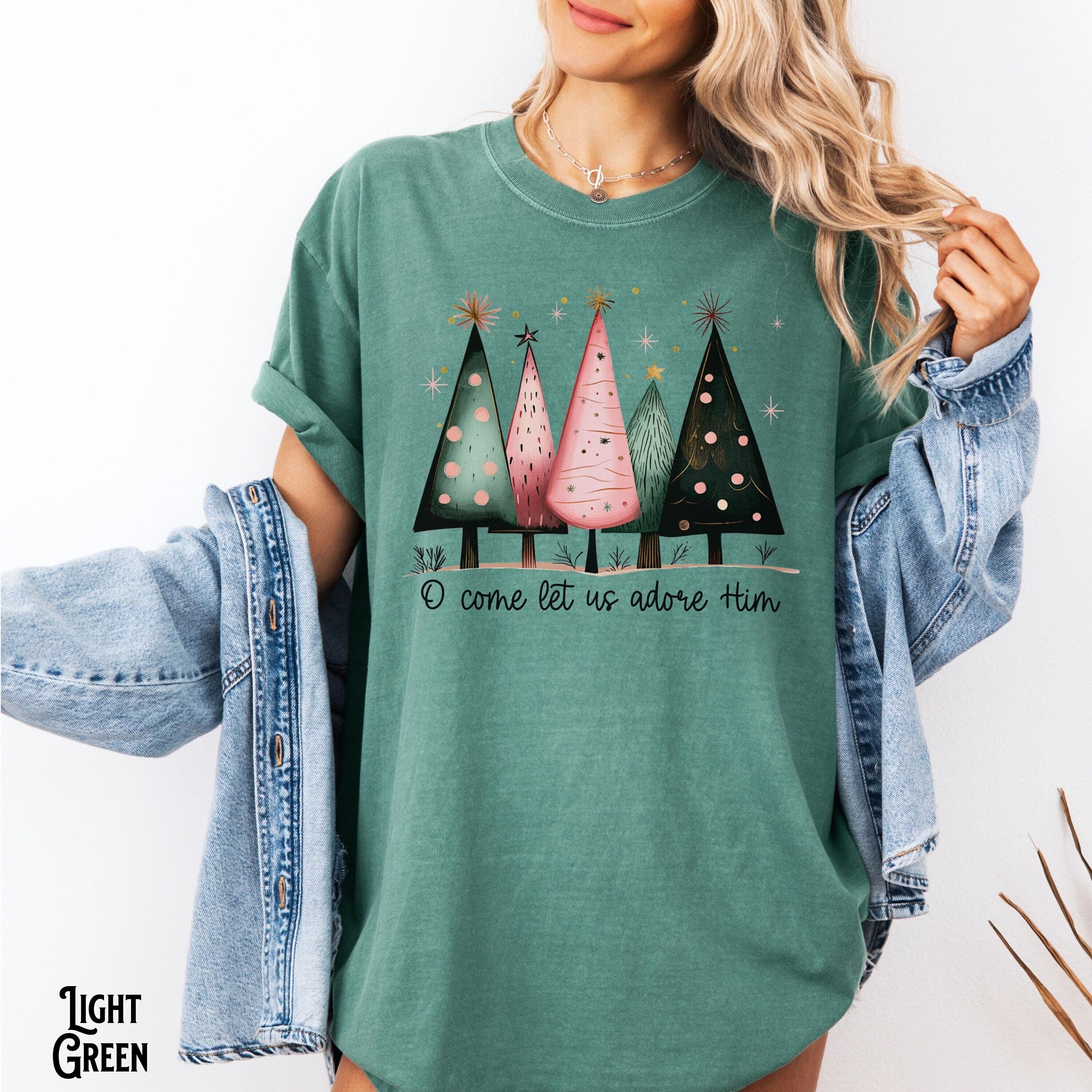 Christian Christmas Shirt Boho Christmas Trees Oh Come Let Us Adore Him Nativity Faith Jesus Gift Graphic Tee – Bold Style · Great Gift For Fans