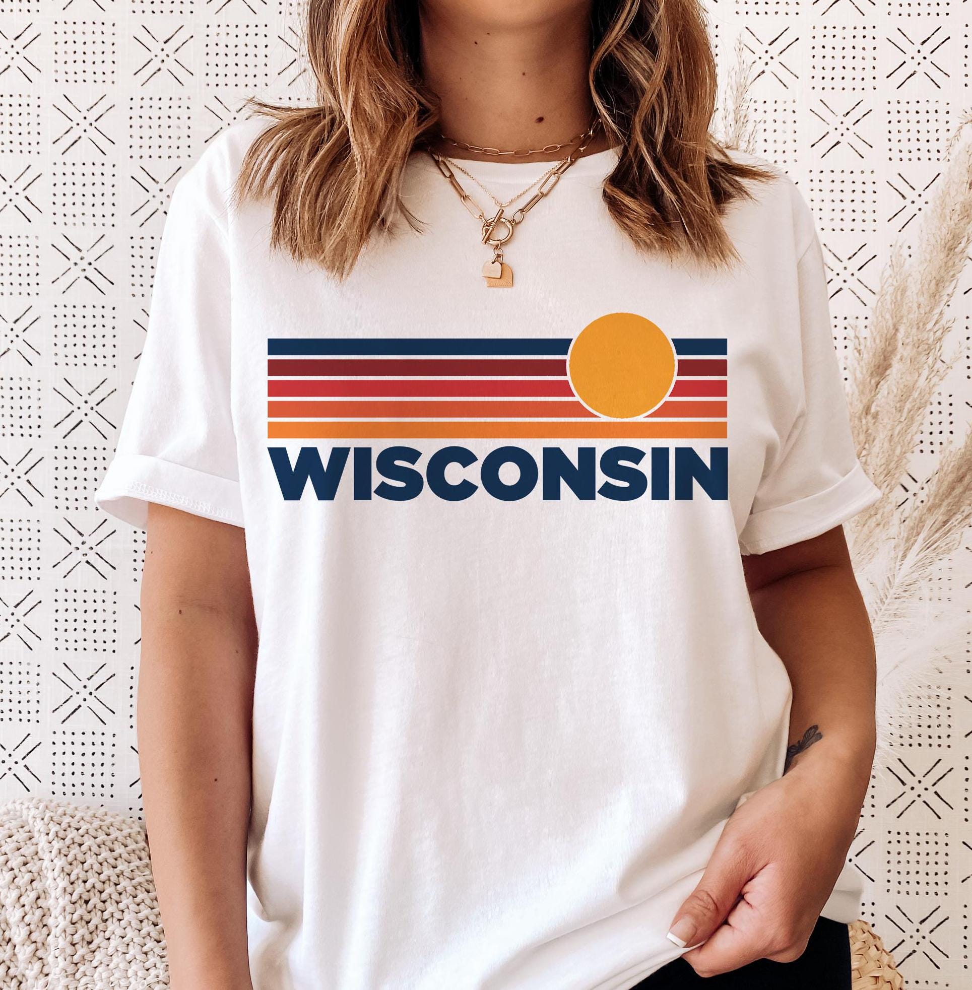 Wisconsin TShirt Retro Sun Ombre Unisex Tee Vintage Wisconsin Tee Mountain Sun Tee Wisconsin Souvenir Shirt Personalization Available Graphic Tee – Aesthetic Look · Perfect For Daily Wear