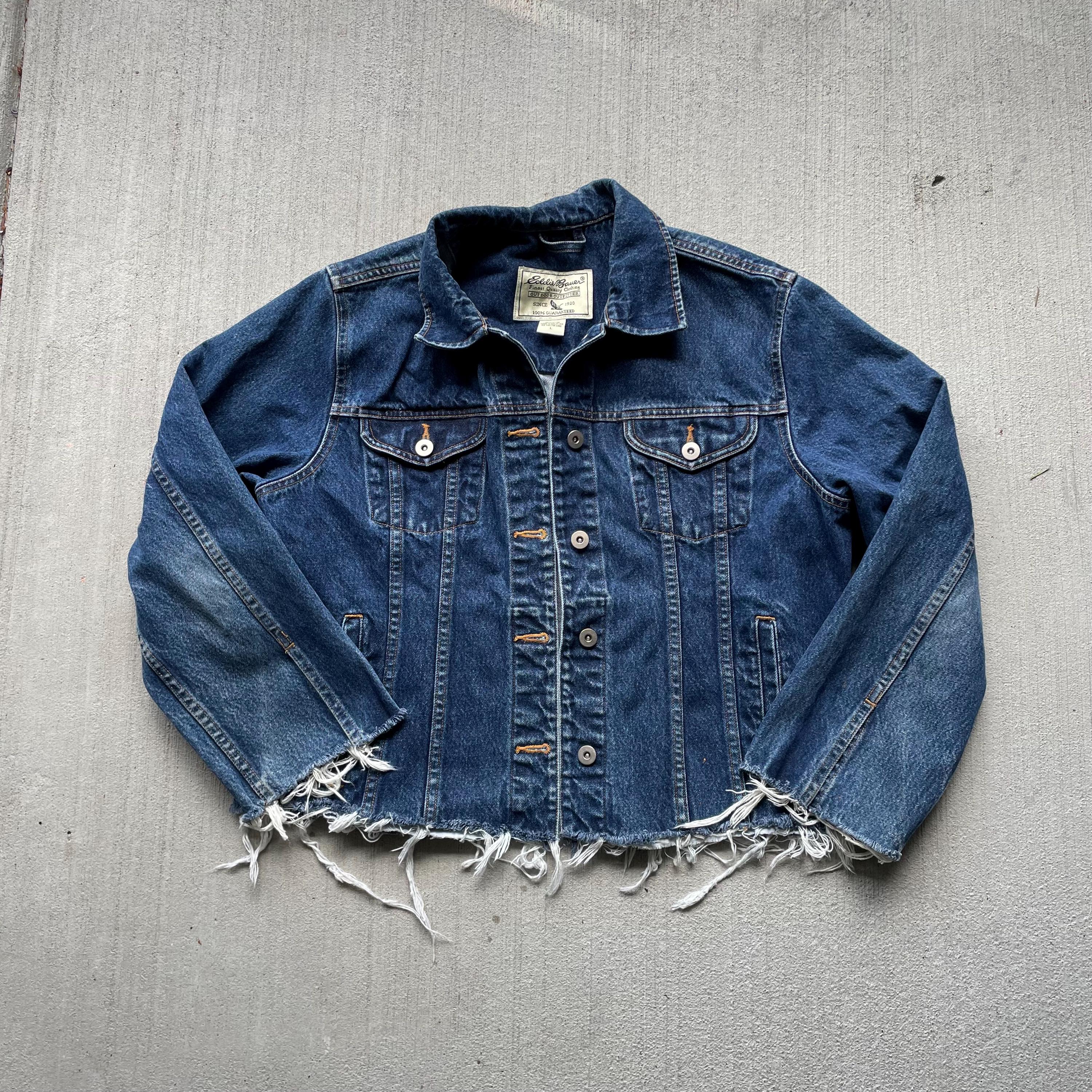 distressed dark wash eddie bauer denim jacket size large Graphic Tee – Soft Feel · High-Quality Print
