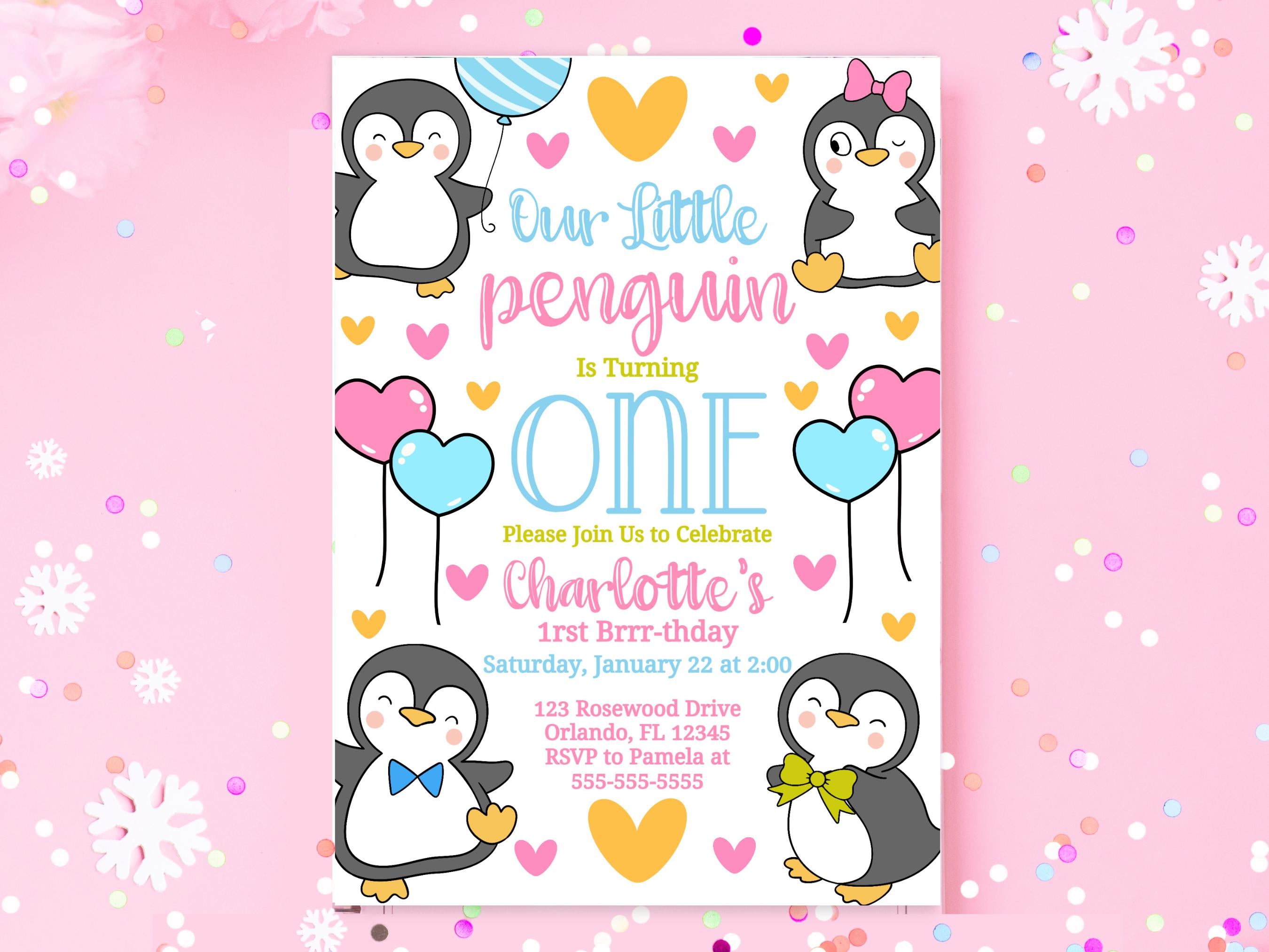 Penguin Birthday Party Invite Penguin Party Invitation 1st Birthday Invite Winter Party Invite Girl Birthday Invite Editable Template Graphic Tee – Aesthetic Look · High-Quality Print