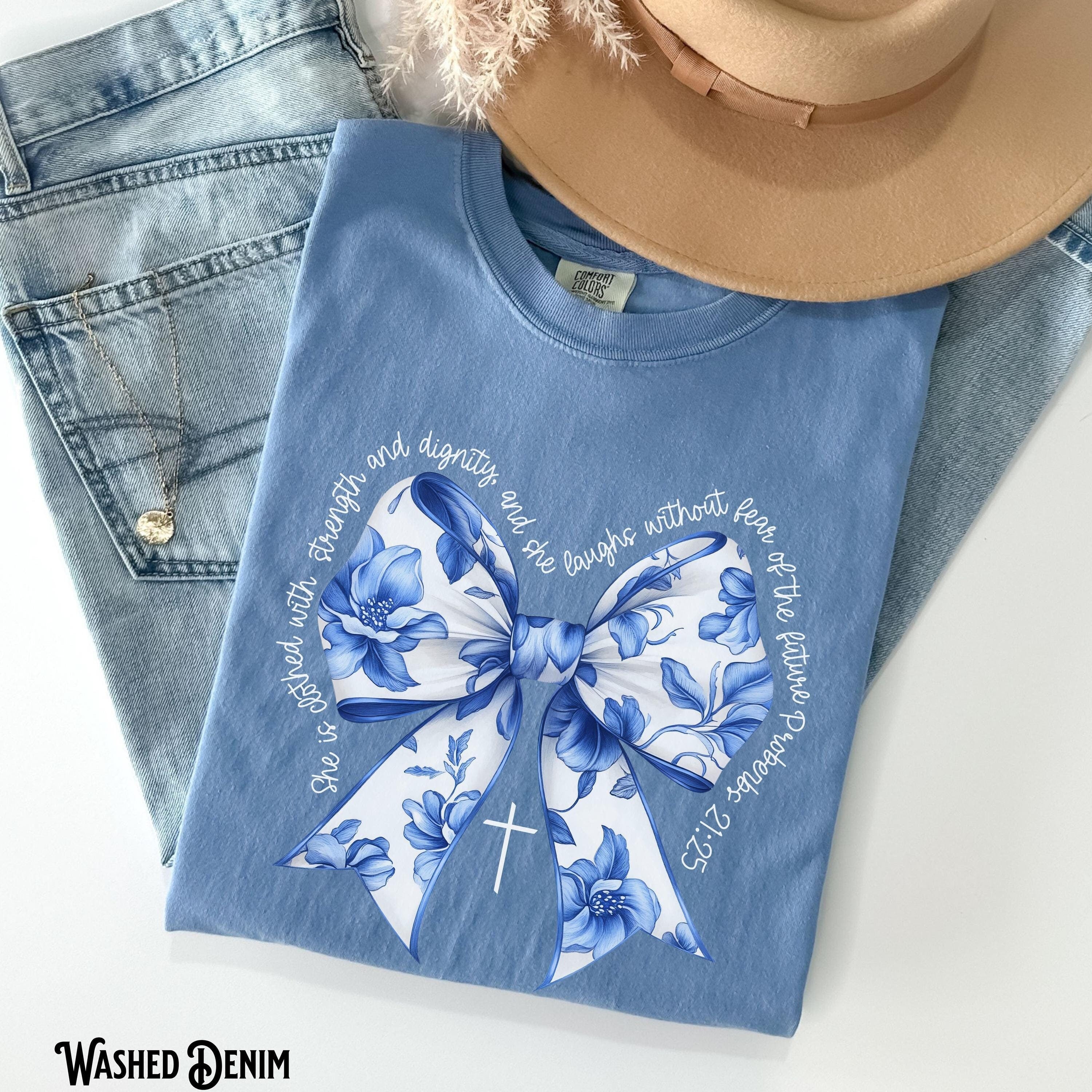 Coquette Christian Shirt Blue Bow Faith Tee Bible Verse Girly Christian Gift Religious Women Gift Jesus Apparel Graphic Tee – Aesthetic Look · Trending Graphic Apparel