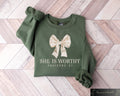 She is Worthy Bow Sweatshirt Women39s Christian Shirts Cute Christian Coquette Designs Girly Faith Shirt Trendy Christian Shirt Sweatshirt – Easygoing Wear · Must-Have Style