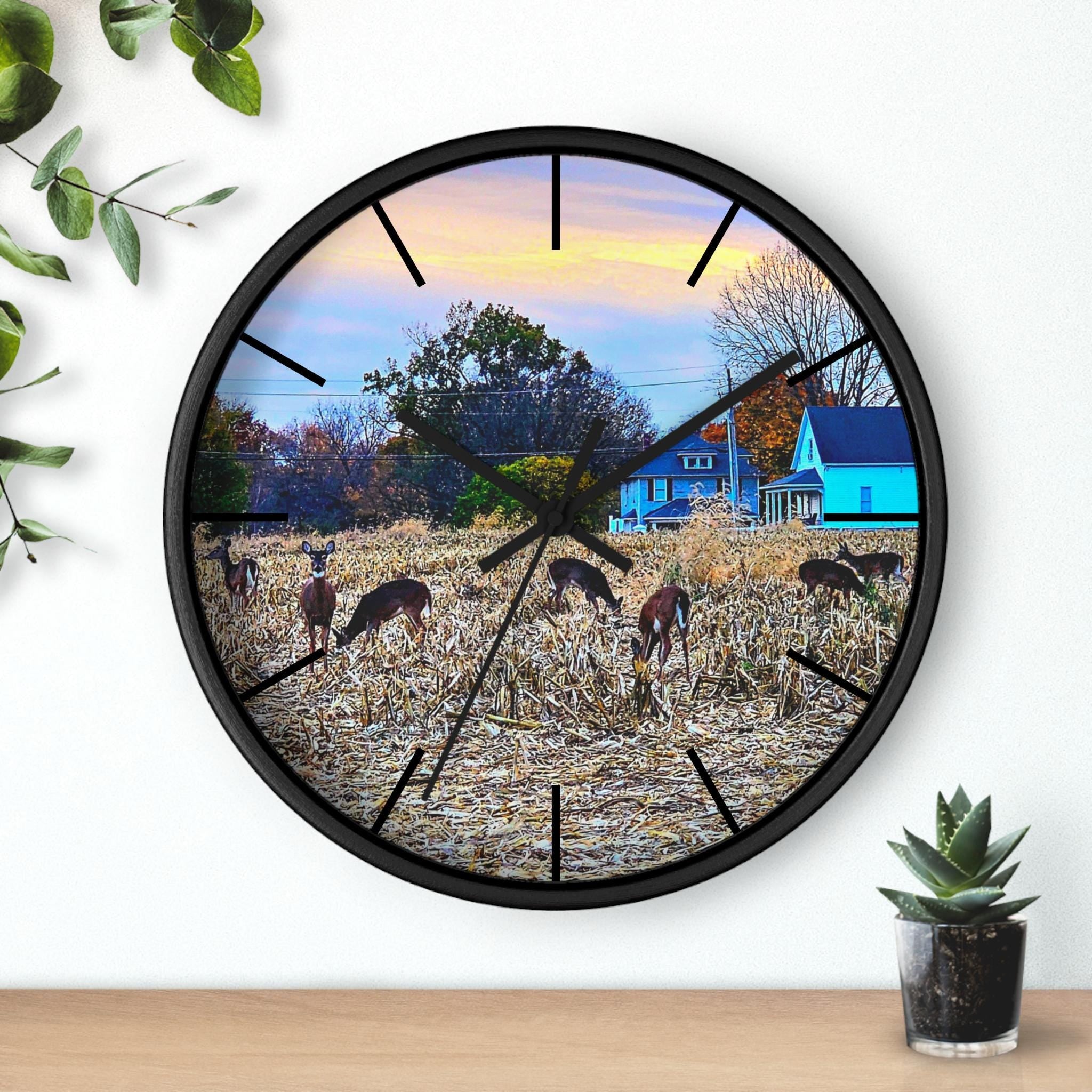 Rustic Farmhouse Deer Wall Clock Country Cabin Decor Wildlife Round Clock Nature Lover Gift Woodland Animal Clock Farmhouse Kitchen Graphic Tee – Aesthetic Look · High-Quality Print