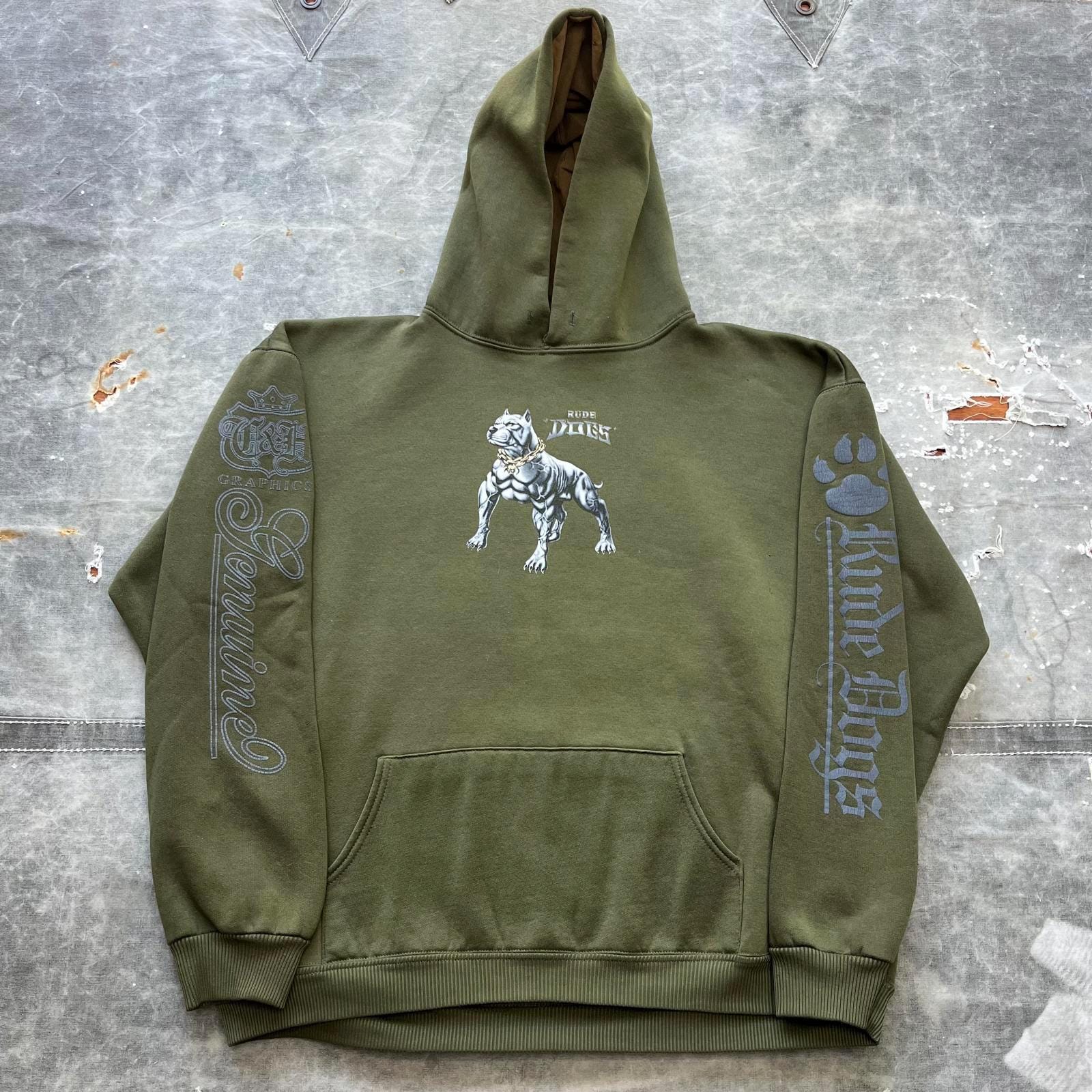Vintage Y2K Olive Green Rude Dogs Pitbull Grunge Hoodie Hoodie – Bold Style · Must-Have Style