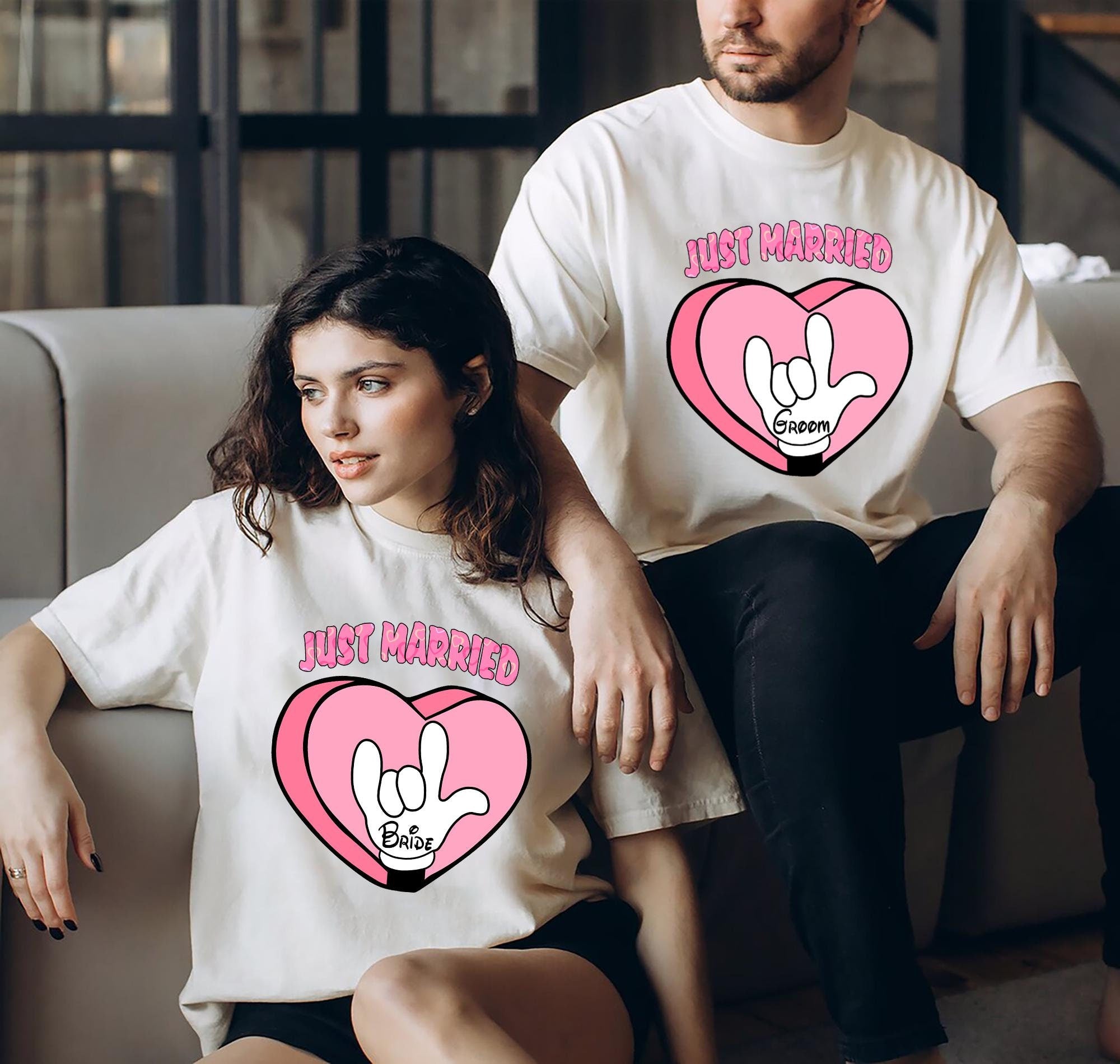 Just Married Disney Shirt Bride and Groom Matching T Shirt Disney Honeymoon Sweatshirt Newlywed Disney Couple Gift Disney Trip Couple Tee Sweatshirt – Easygoing Wear · High-Quality Print