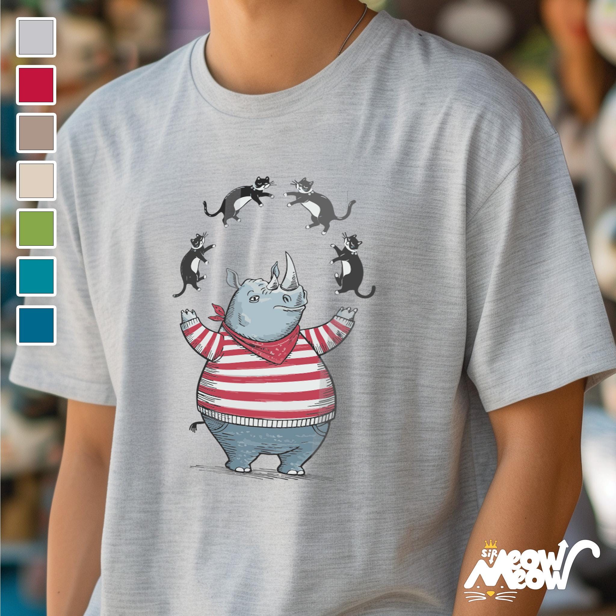 Juggling Cats Rhino T Shirt Funny Animal Graphic Tee Quirky Gift for Cat Rhino Fans Cute Illustrated Shirt Graphic Tee – Soft Feel · Trending Graphic Apparel