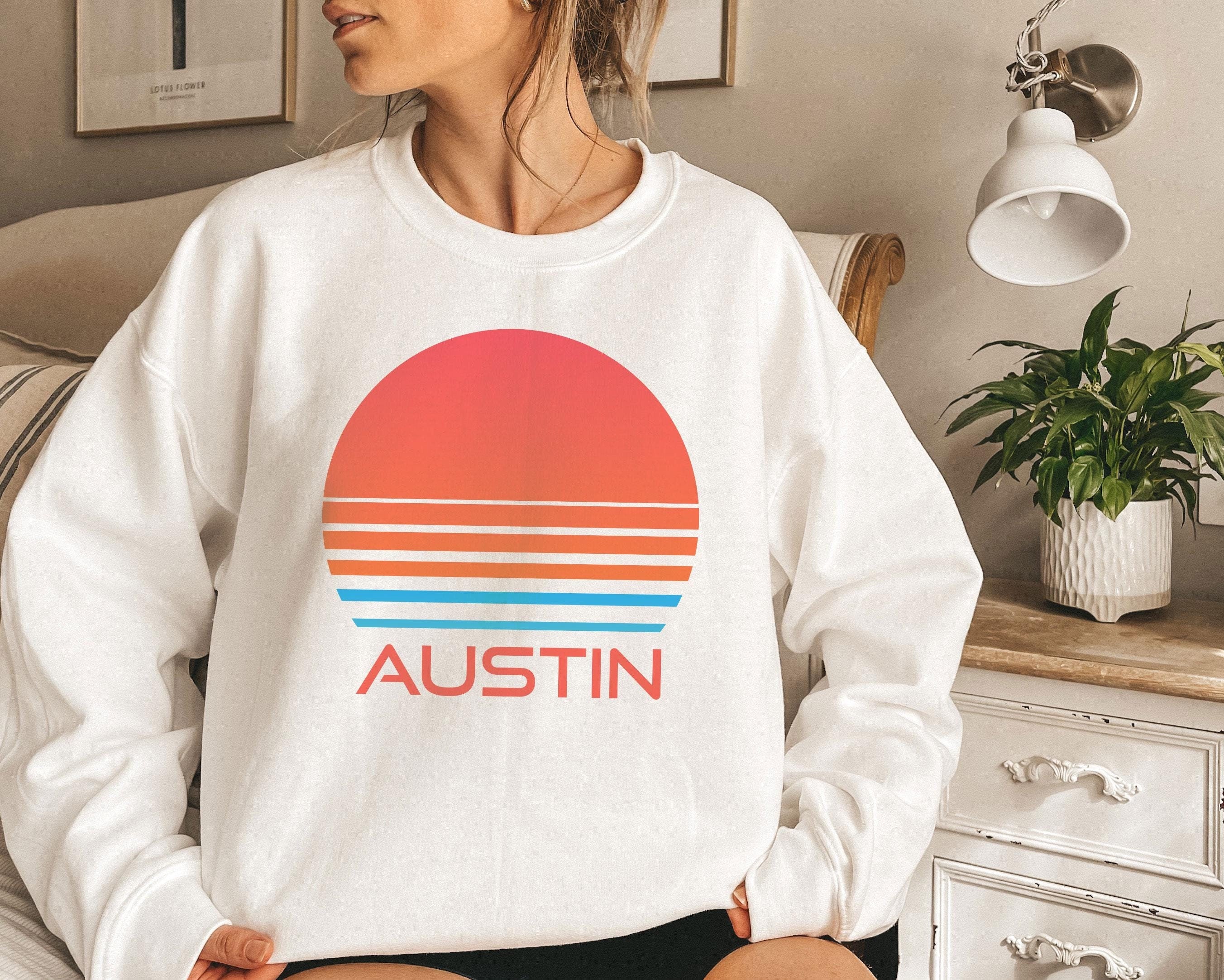 Austin Texas Sweatshirt Unisex Retro 80s Sun Crewneck Austin Sweatshirt Personalization Available Sweatshirt – Aesthetic Look · High-Quality Print