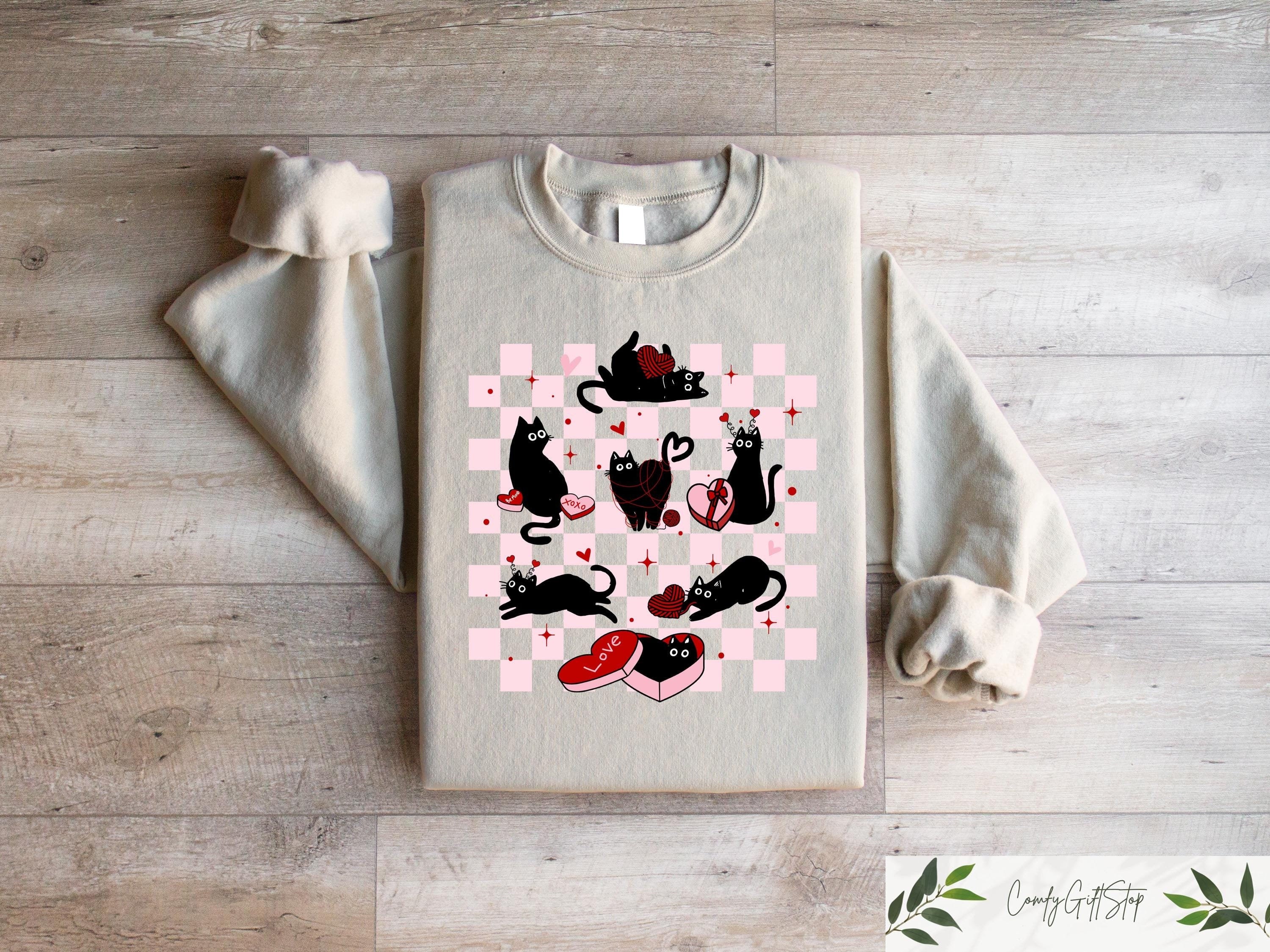 Valentine Black Cat Sweatshirt Black Cat Love Shirt Kitten Valentine Tee Cat Lover Gift Cat Mom Sweater Animal Lover Cat Hoodie Hoodie – Warm & Stylish · Must-Have Style