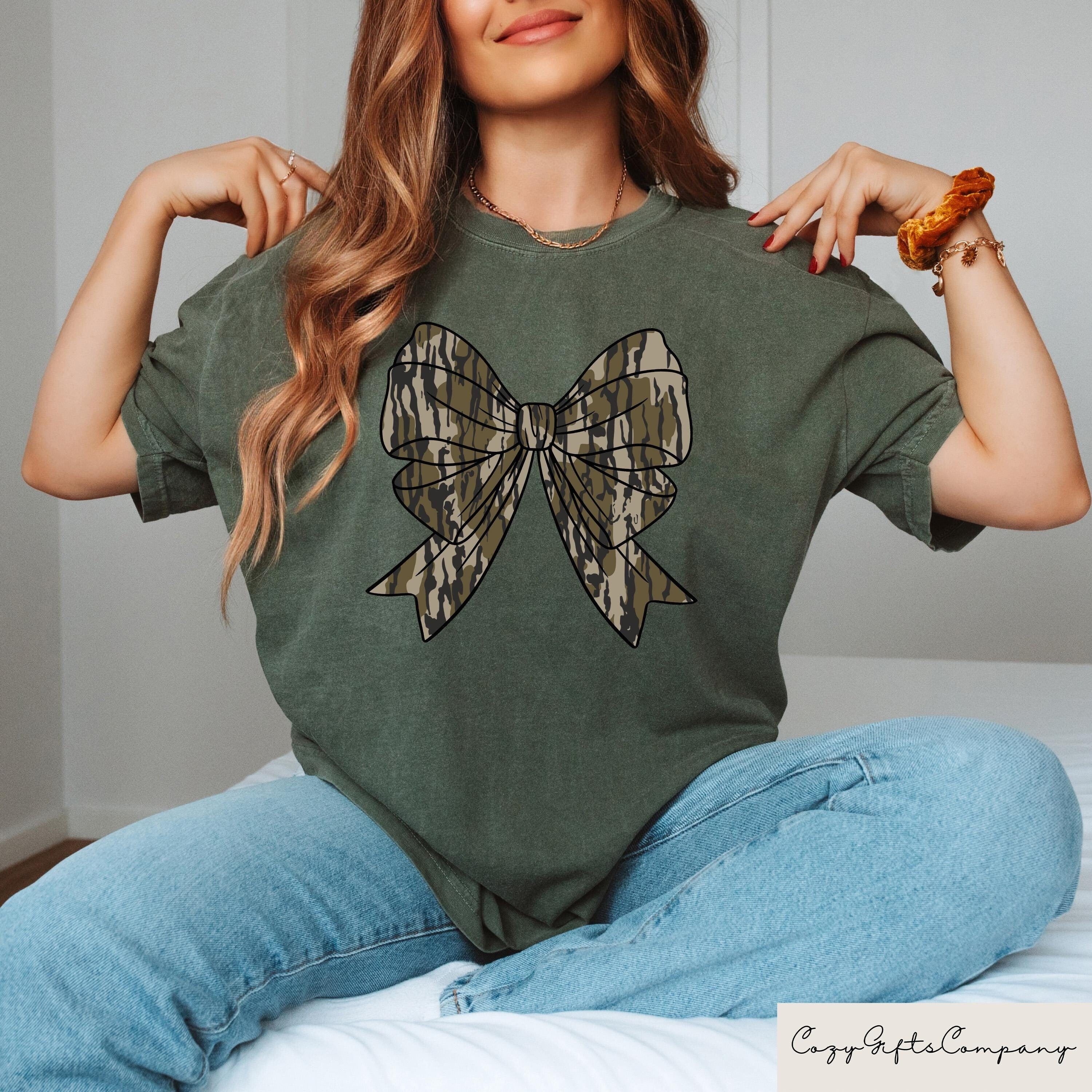 Camo Bow Sweatshirt Camo Coquette Bow Shirt Duck Hunting T shirt Western Camo Crewneck Fall Sweater Women39s Camouflage Bow Tee Sweatshirt – Easygoing Wear · Must-Have Style