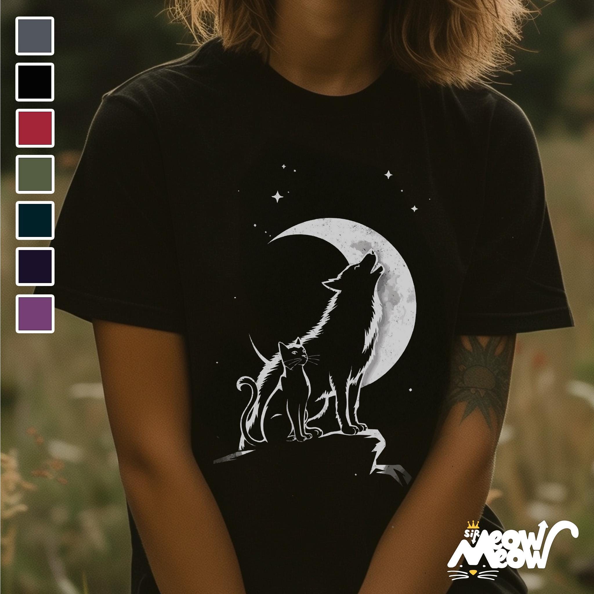 Cat Wolf Moon T Shirt Enchanting Night Silhouette Tee Unique Animal Lover Gift Graphic Tee – Aesthetic Look · High-Quality Print