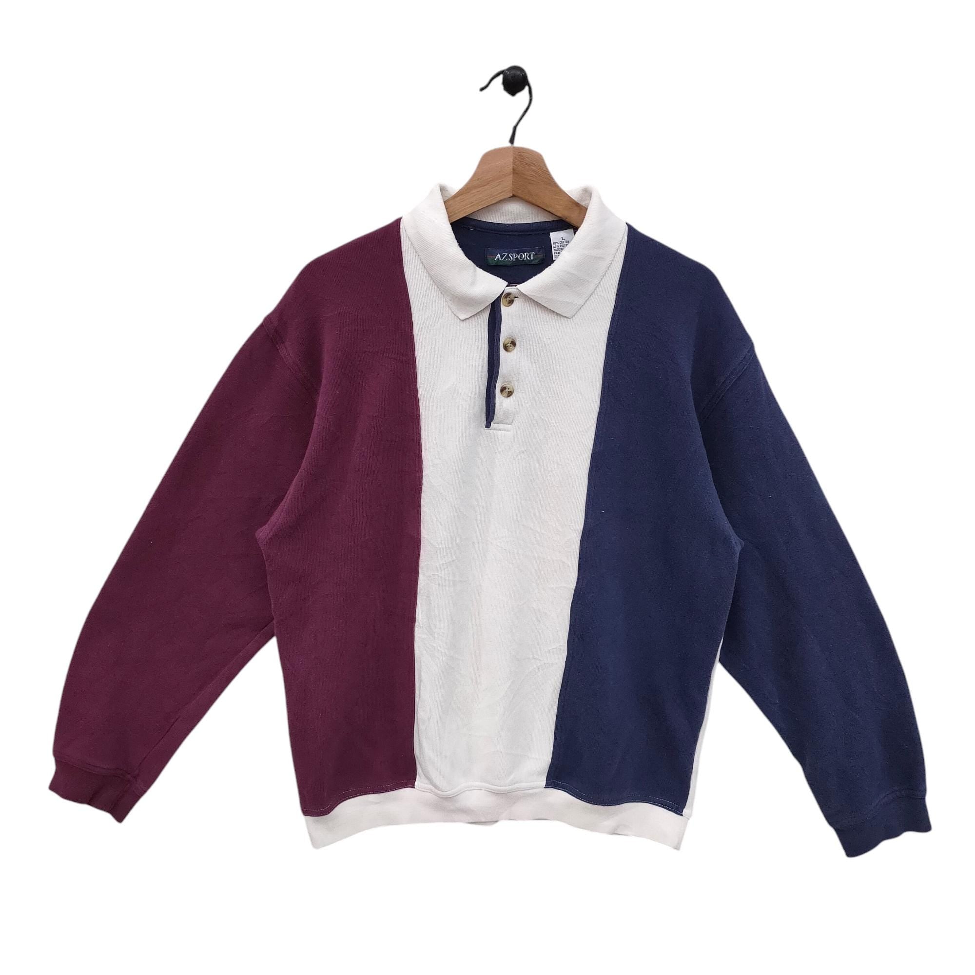 AZ Sport Collared Sweatshirt Vintage Colorblock Pullover Button up Polo Shirt Maroon Navy Blue White Size Sweatshirt – Premium Graphic · Top Pick For Any Outfit