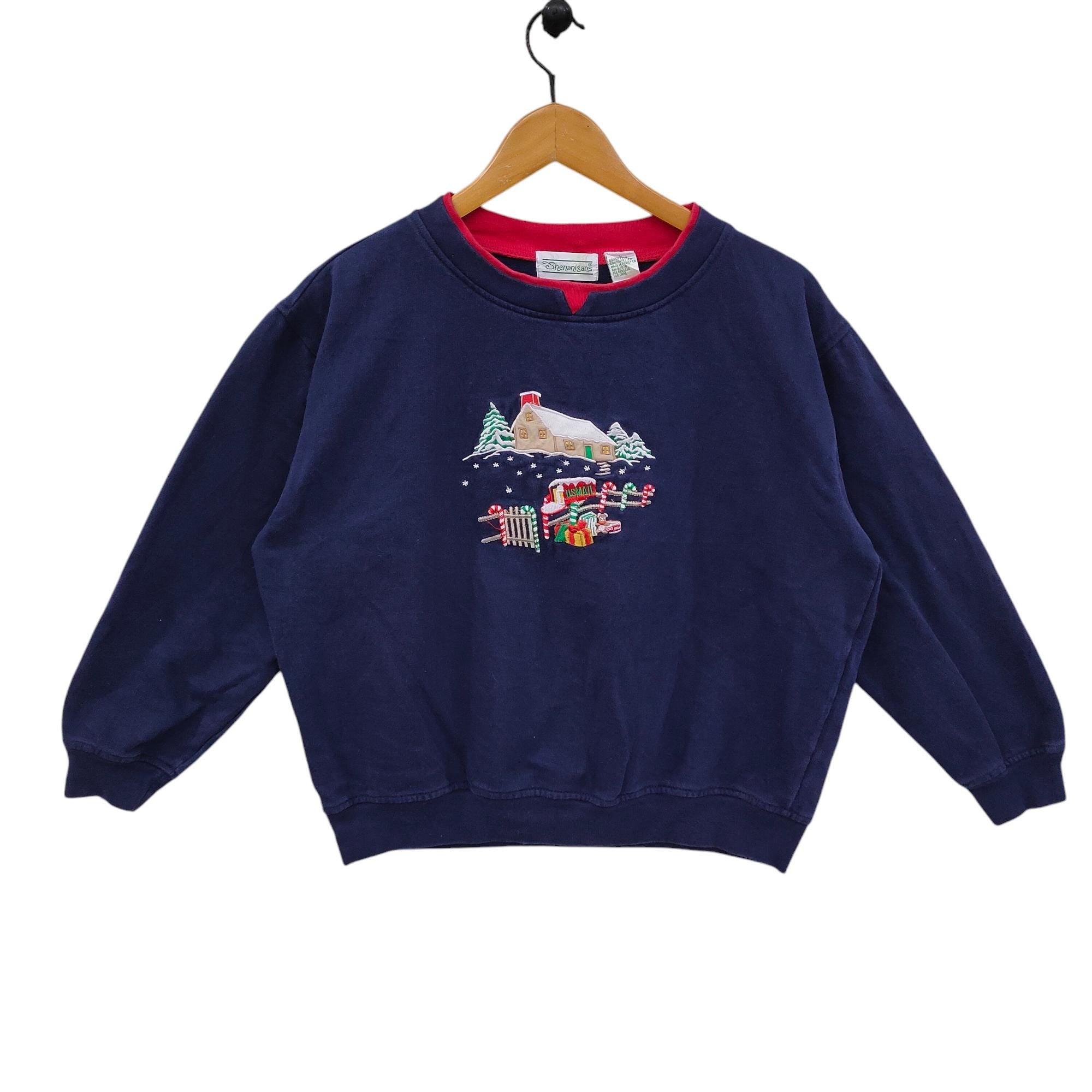 90s Embroidery Christmas Sweatshirt Vintage Santa Snowman Sweater Jumper Crewneck Navy Blue Size Sweatshirt – Bold Style · Great Gift For Fans