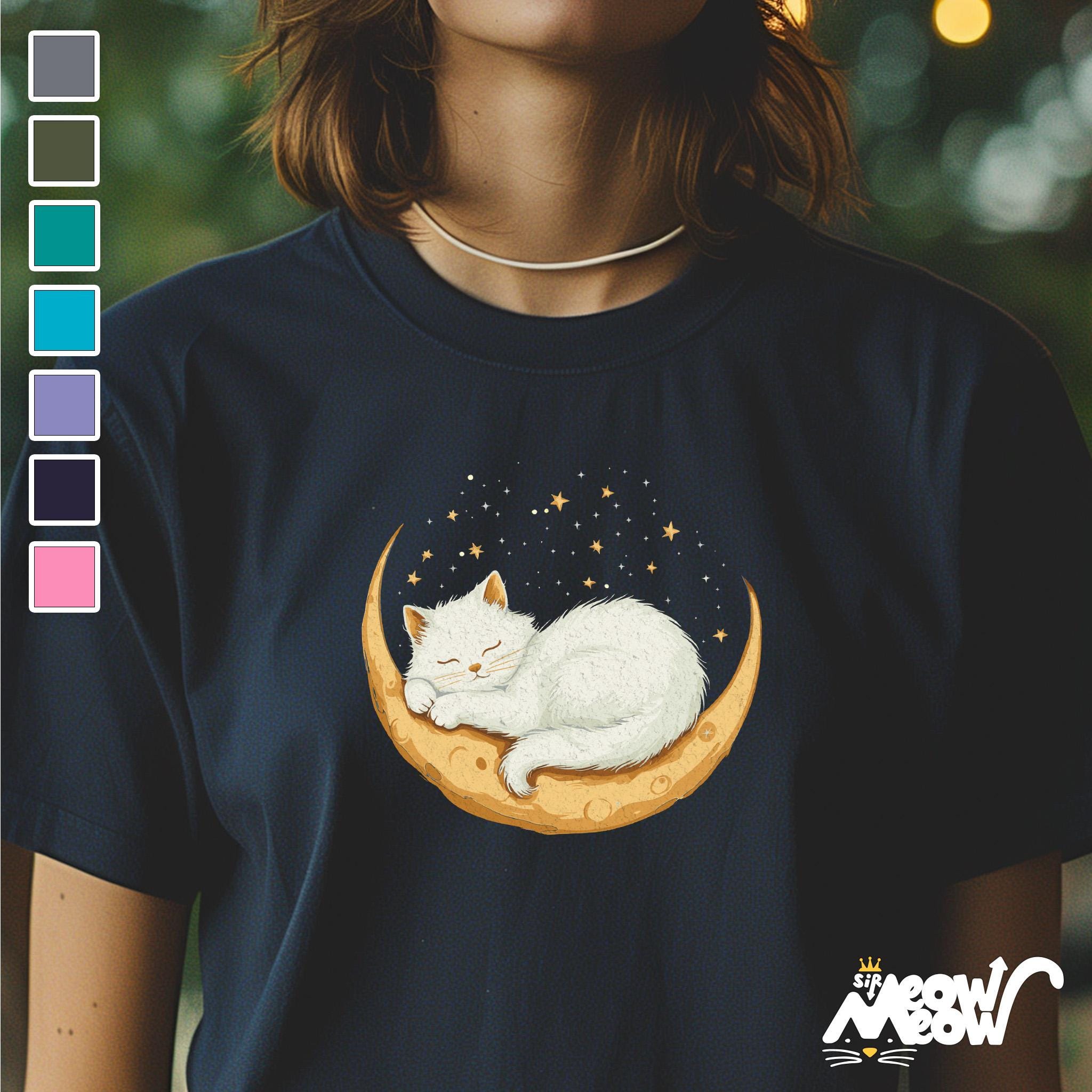 Sleeping Cat on Crescent Moon T Shirt Dreamy Night Sky Tee Celestial Cat Lover Gift Graphic Tee – Aesthetic Look · Great Gift For Fans
