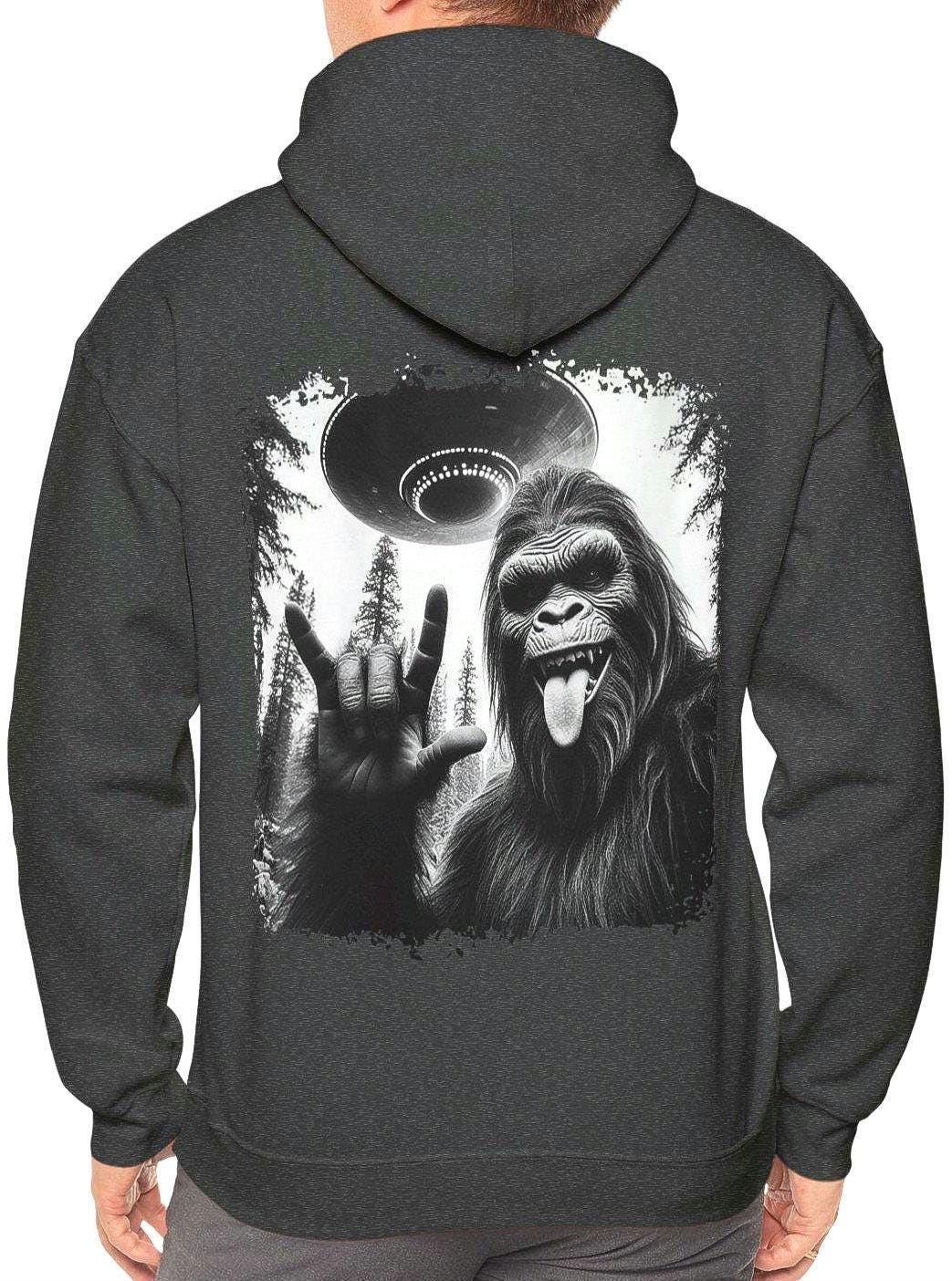 Bigfoot UFO Alien Hooded Sweatshirt Sasquatch Space Spaceship Hoody Extraterrestrial Abduction Pullover Cryptozoology Gift Unisex Sweatshirt – Fan Favorite · High-Quality Print