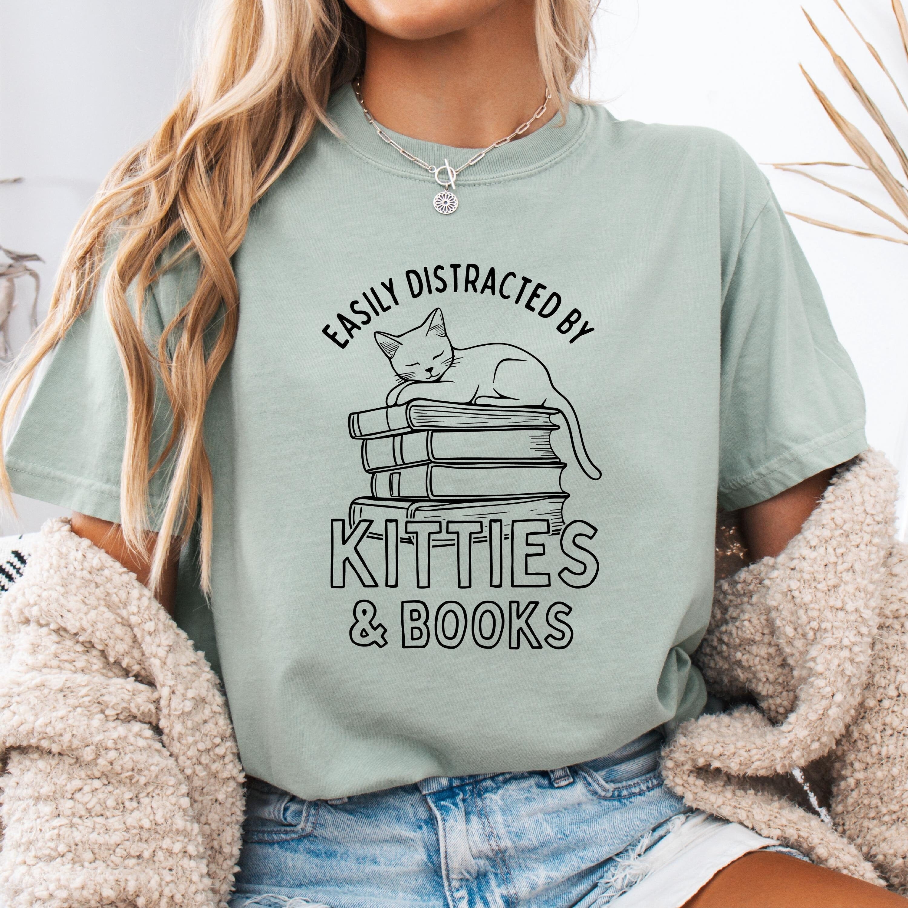 Distracted By Kitties And Books Shirt Book Lover Gift Funny Cat Shirt Cat Lover Shirt Cat Lover Gift Reader Shirt Cats and Books Graphic Tee – Easygoing Wear · Perfect For Daily Wear