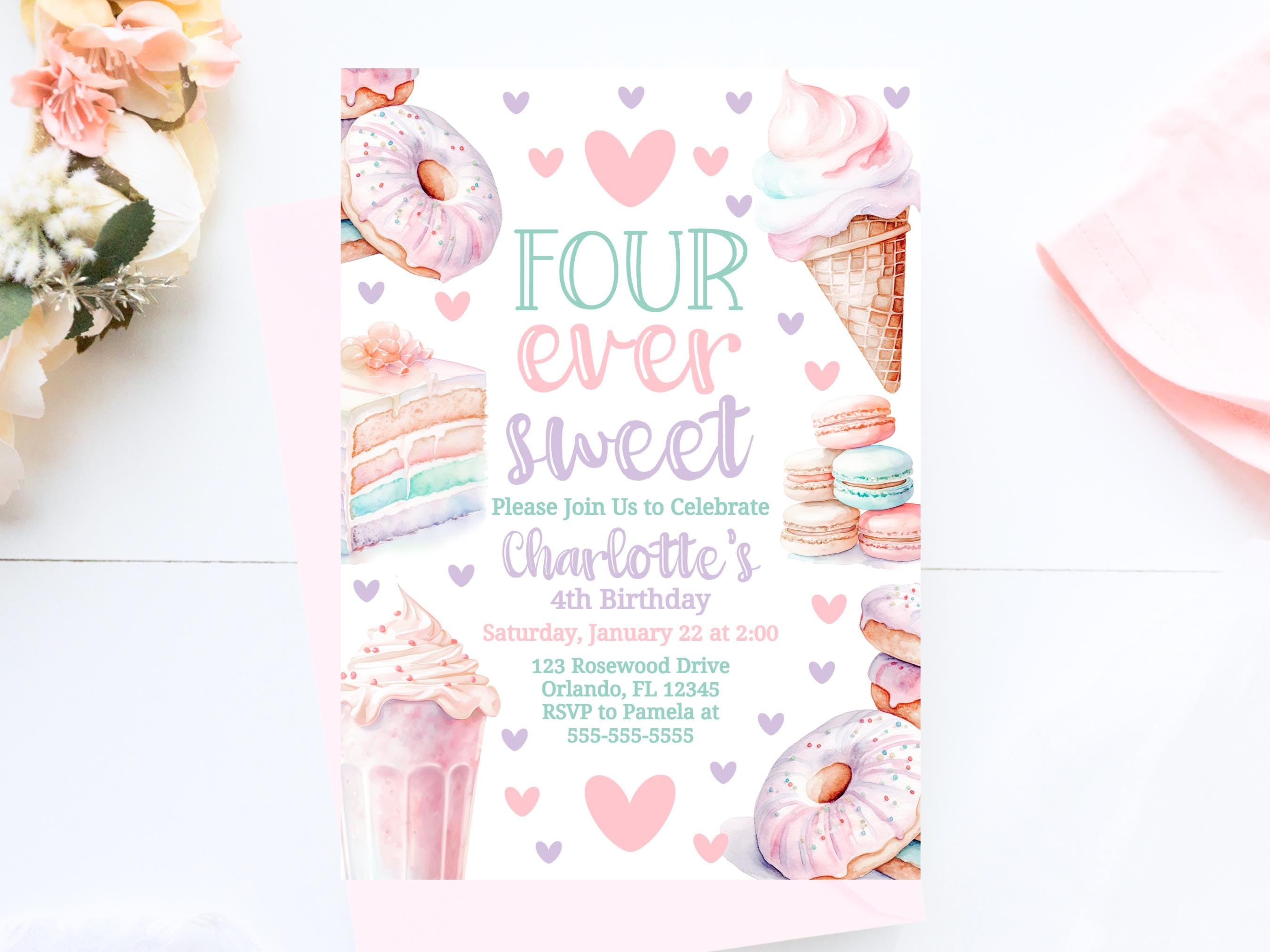 Four Ever Sweet Birthday Invitation Girl 4Th Birthday Invite Ice Cream Donut Invite Fourth Birthday Invitation Pastel Theme Editable FR1 Graphic Tee – Soft Feel · Trending Graphic Apparel