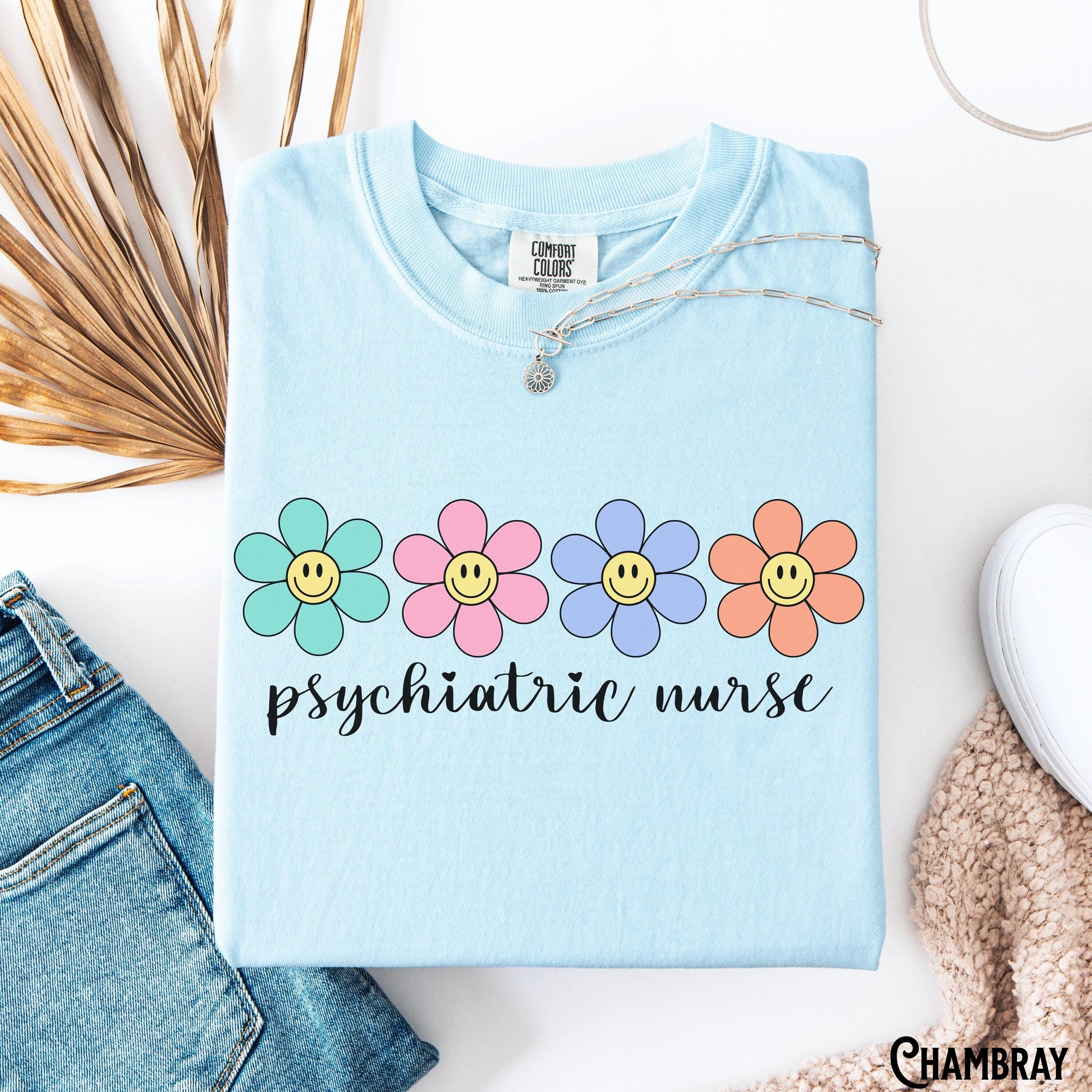 Psychiatric Nurse Shirt Psych Nurse Tee Psych RN Tshirt LPN Mental Health Shirt Happy Face Flowers Psych Nurse Gift Graphic Tee – Bold Style · High-Quality Print