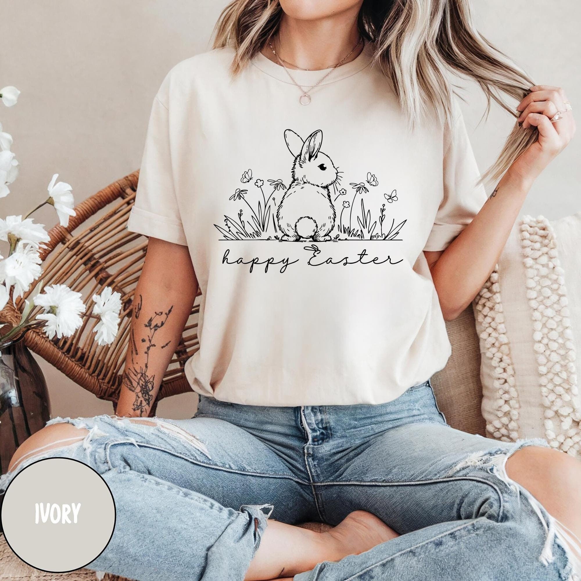 Happy Easter Shirt Easter Shirt Easter Day Tee Easter Bunny Shirt Floral Bunny Rabbit Lover TeeHappy Easter Gift Graphic Tee – Cozy Vibes · Great Gift For Fans