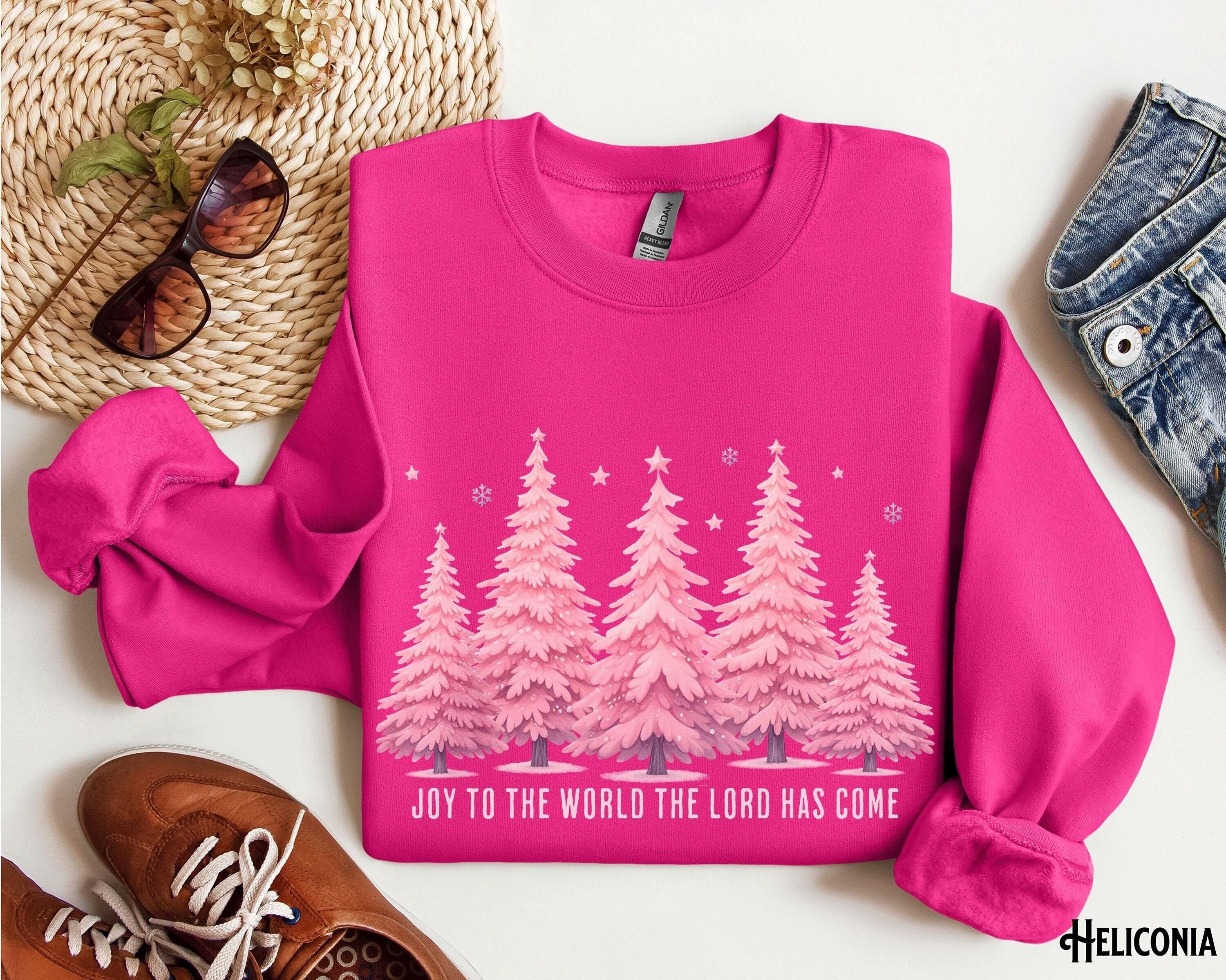 Christian Christmas Pink Christmas Trees Crewneck Sweatshirt Joy To The World The Lord Has Come Holiday Cozy Winter Baby Jesus Sweatshirt – Cozy Vibes · Trending Graphic Apparel