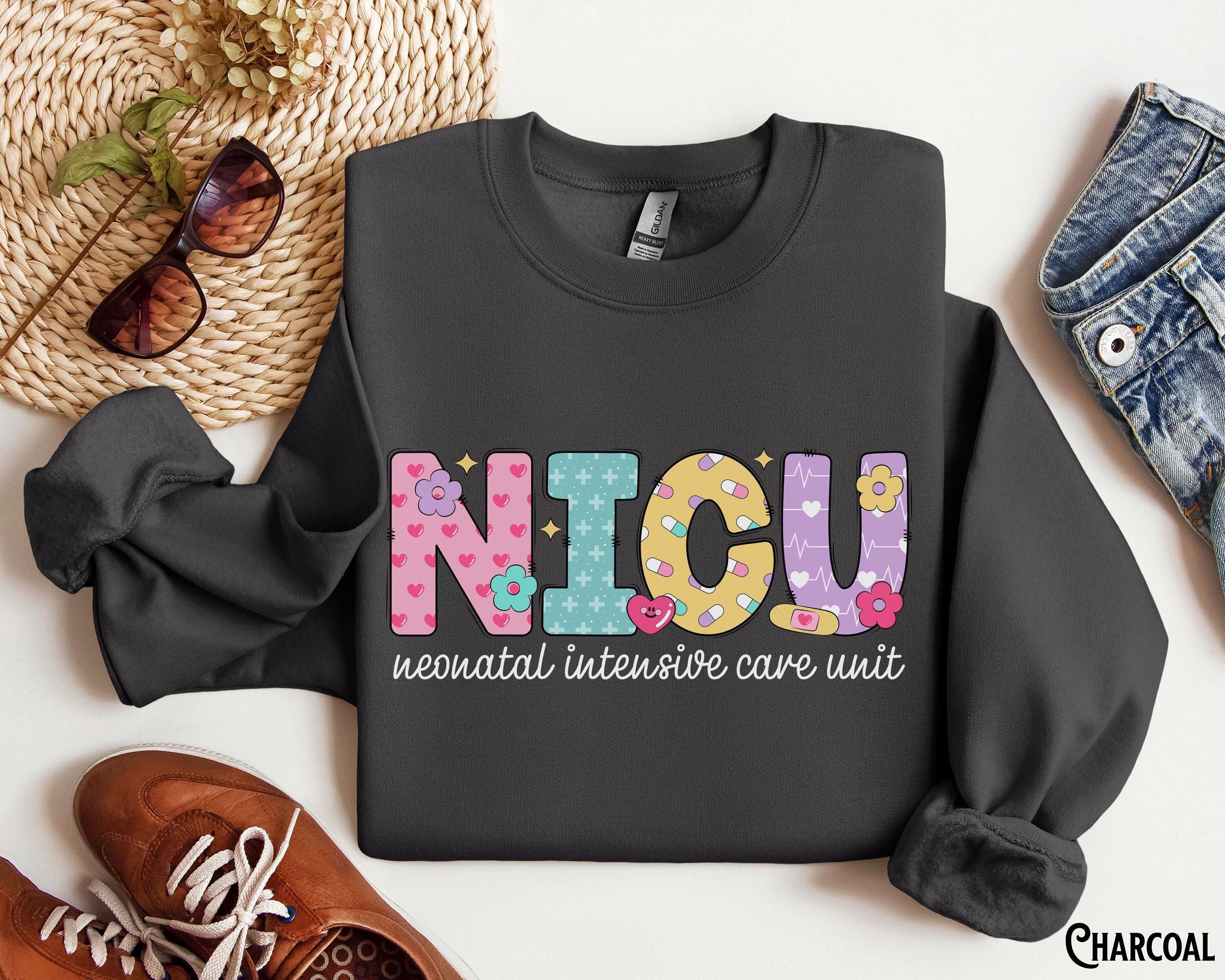 NICU Shirt Crewneck Sweatshirt Neonatal Intensive Care Unit Doctor Nurse Crew Floral Heart Retro Graduation Appreciation Gift Sweatshirt – Bold Style · Must-Have Style