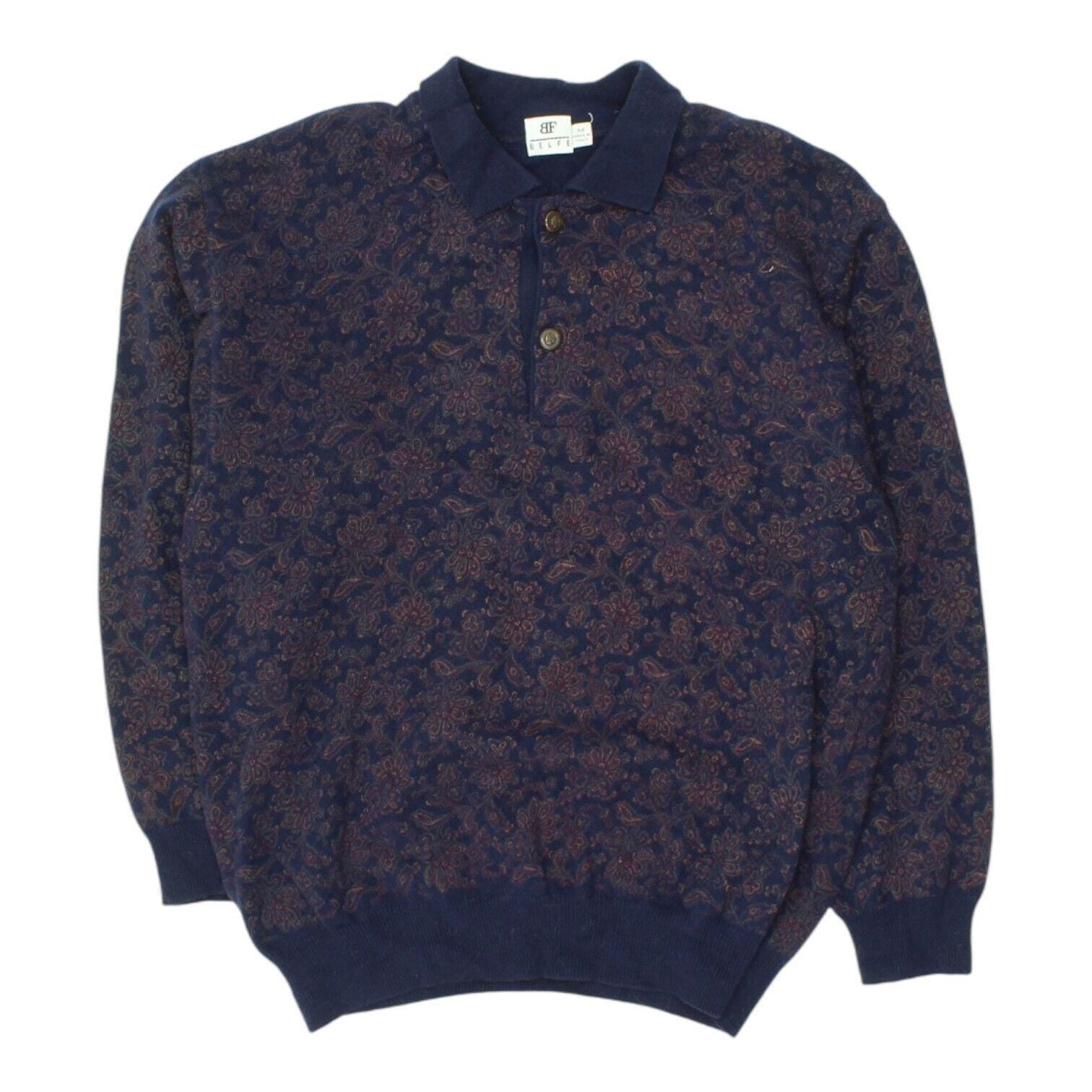 Belfe Mens Collared Jumper Vintage Navy Patterned Button Up Designer Sweater Graphic Tee – Soft Feel · High-Quality Print