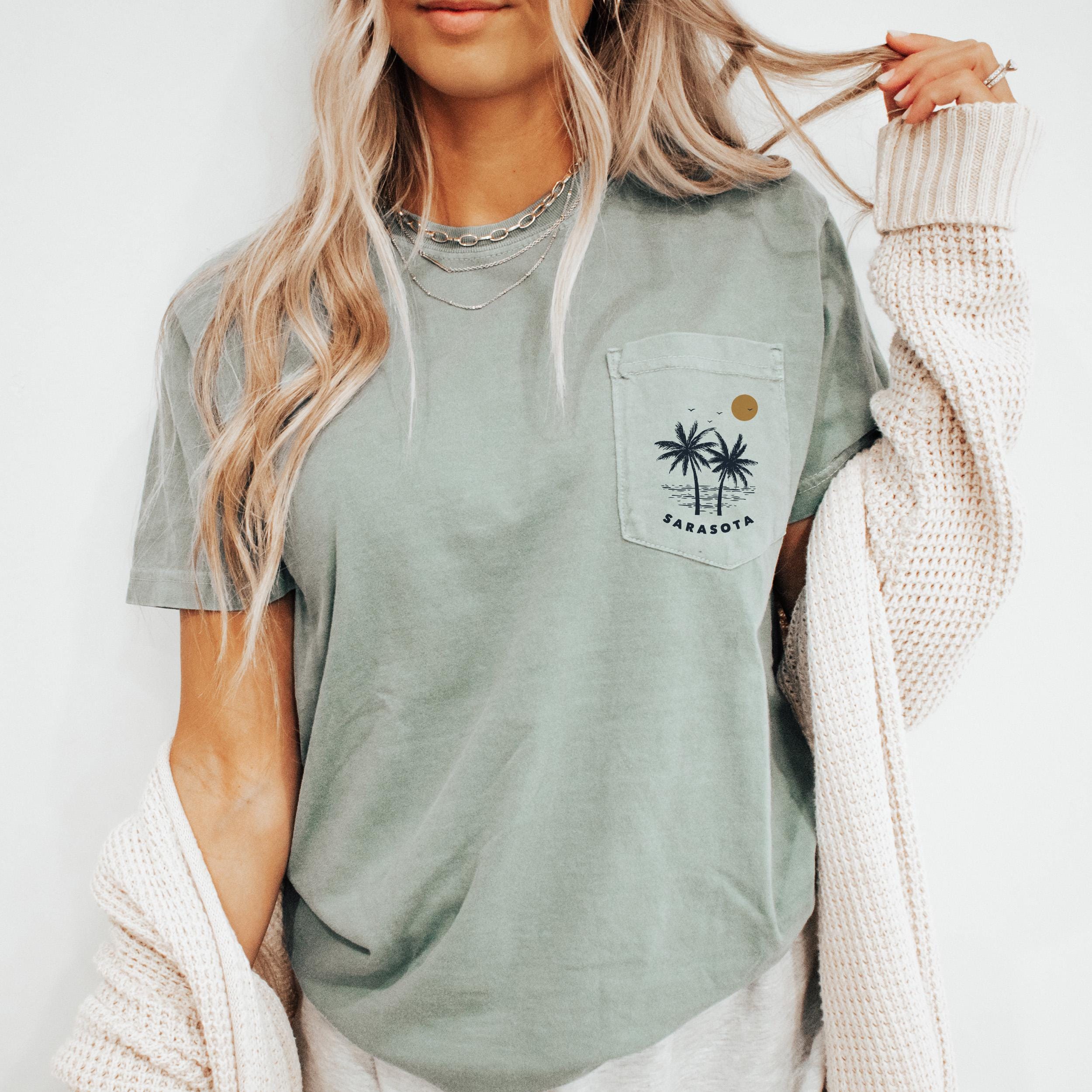 Sarasota Florida Palm Tree Pocket Tee Summer Coastal Vibes Top Beach Apparel Comfort Colors Graphic T Shirt Graphic Tee – Cozy Vibes · Must-Have Style