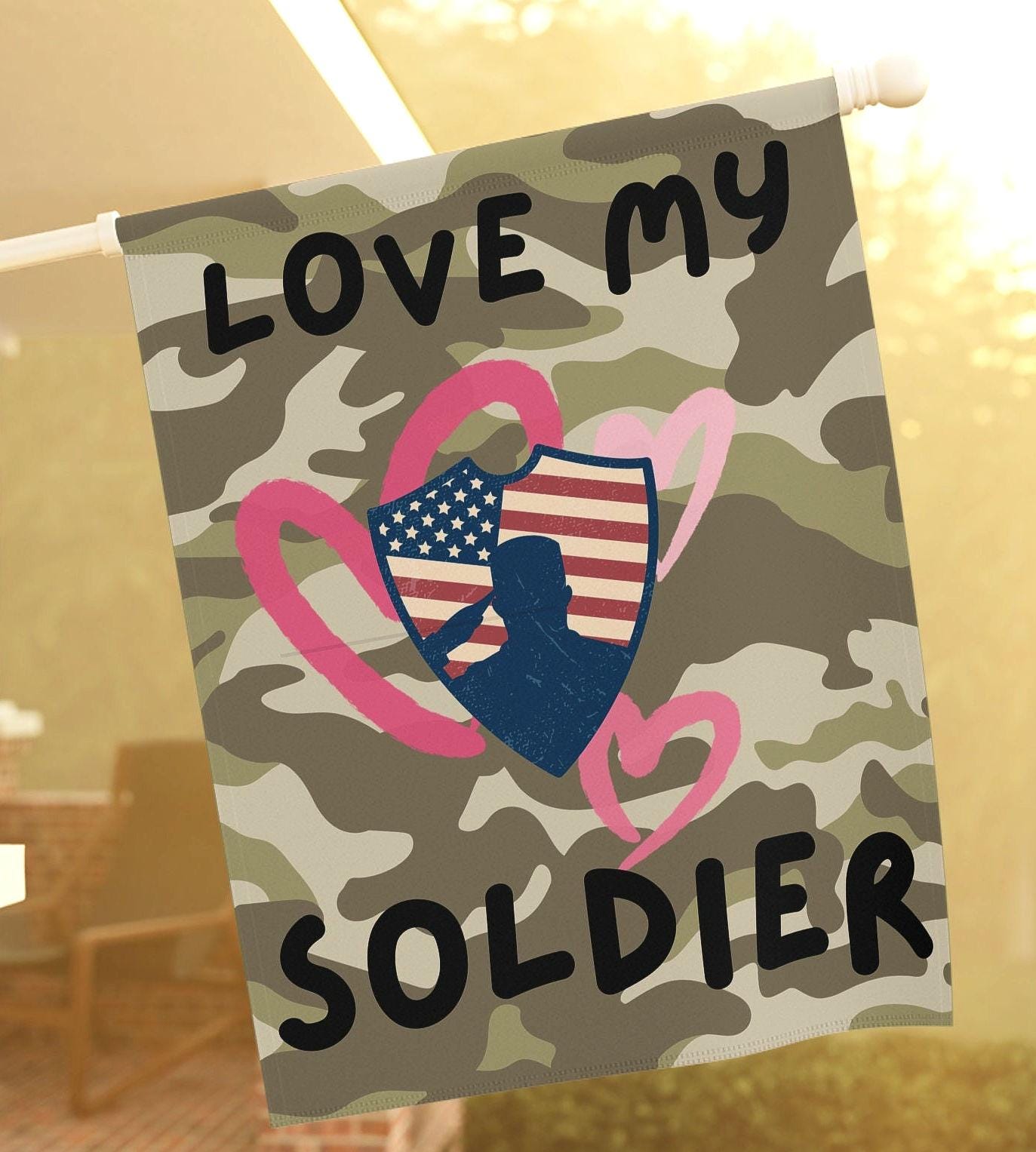Military Love Soldier Garden House Banner Military Spouse Parents House Garden Flag Gift For Armed Services Family Two Sizes Available Graphic Tee – Aesthetic Look · High-Quality Print