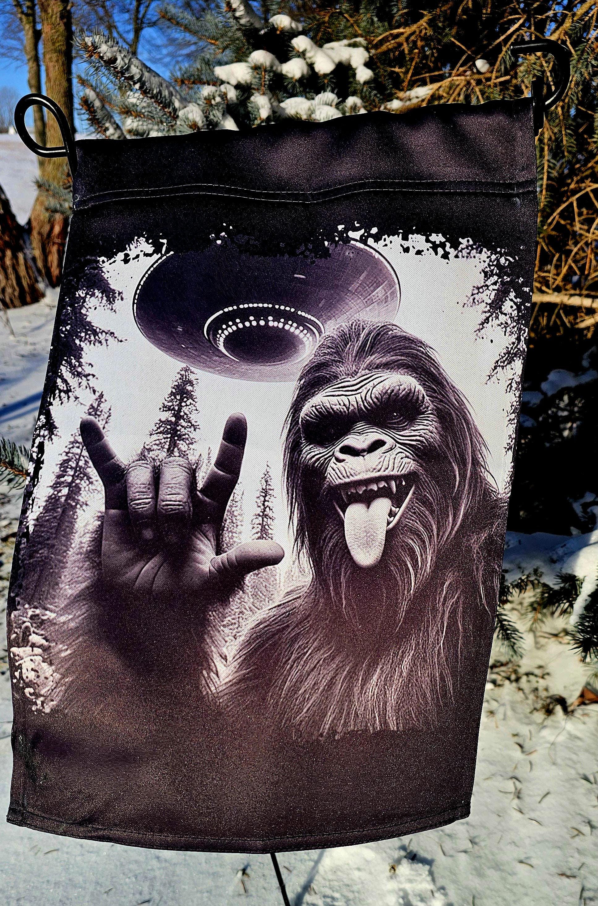 Garden Flag Bigfoot Crytip Outdoor Yard Decor Sasquatch Novelty Home Banner Cryptid Garden Sign Yeti Lawn Flag Outdoor Mythical Banner Graphic Tee – Aesthetic Look · Perfect For Daily Wear