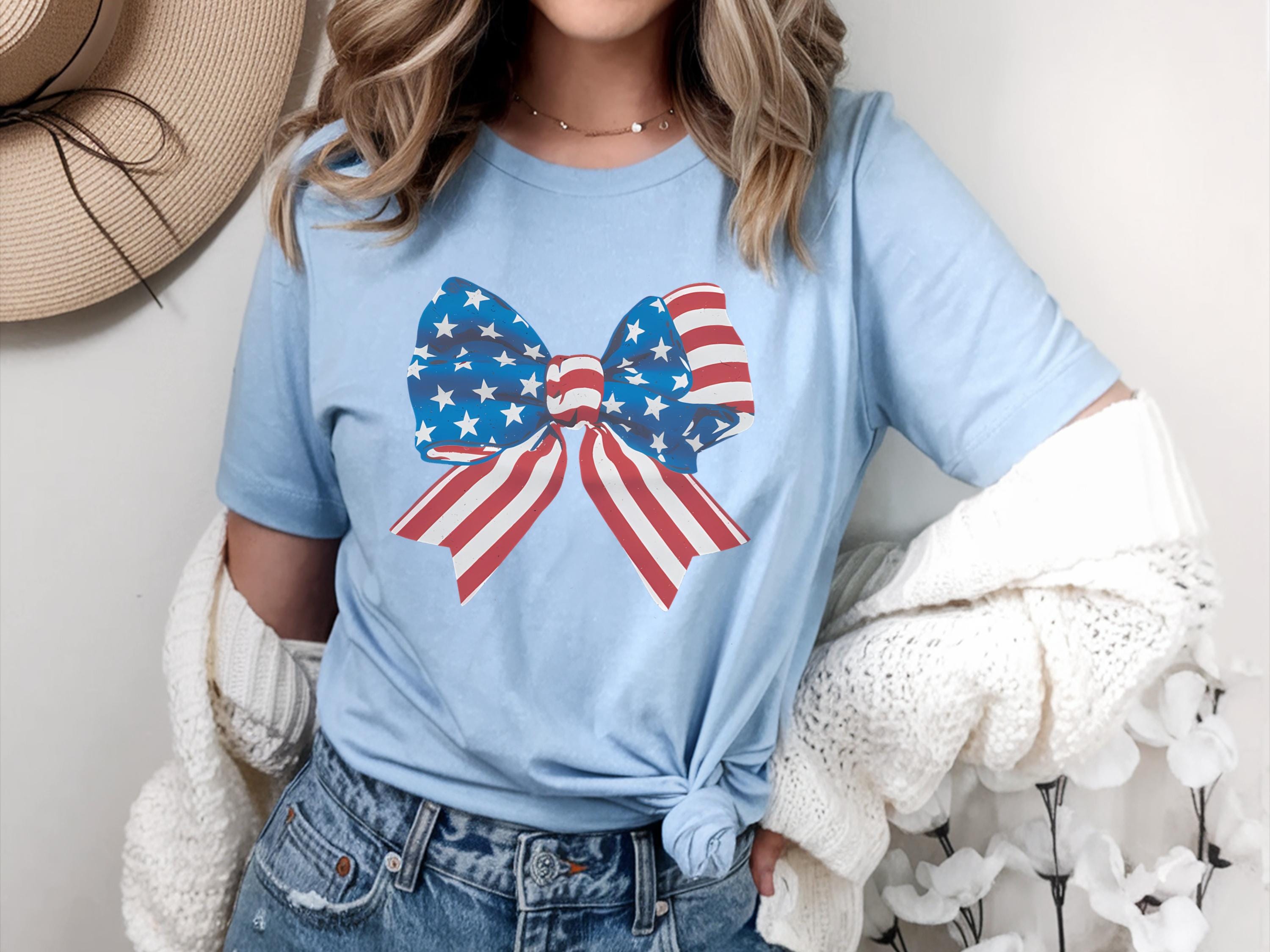 Coquette Bow USA Flag Shirt 4th Of July Shirt Flag 4th Of July Gifts Shirt USA Bows Shirt America Bow Shirts USA Shirt Graphic Tee – Easygoing Wear · Perfect For Daily Wear