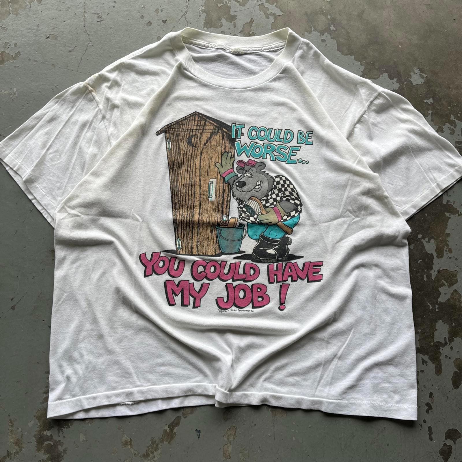 Vintage 90s Funny Outhouse Cleaning Job Animal Cartoon Shirt Graphic Tee – Soft Feel · Top Pick For Any Outfit