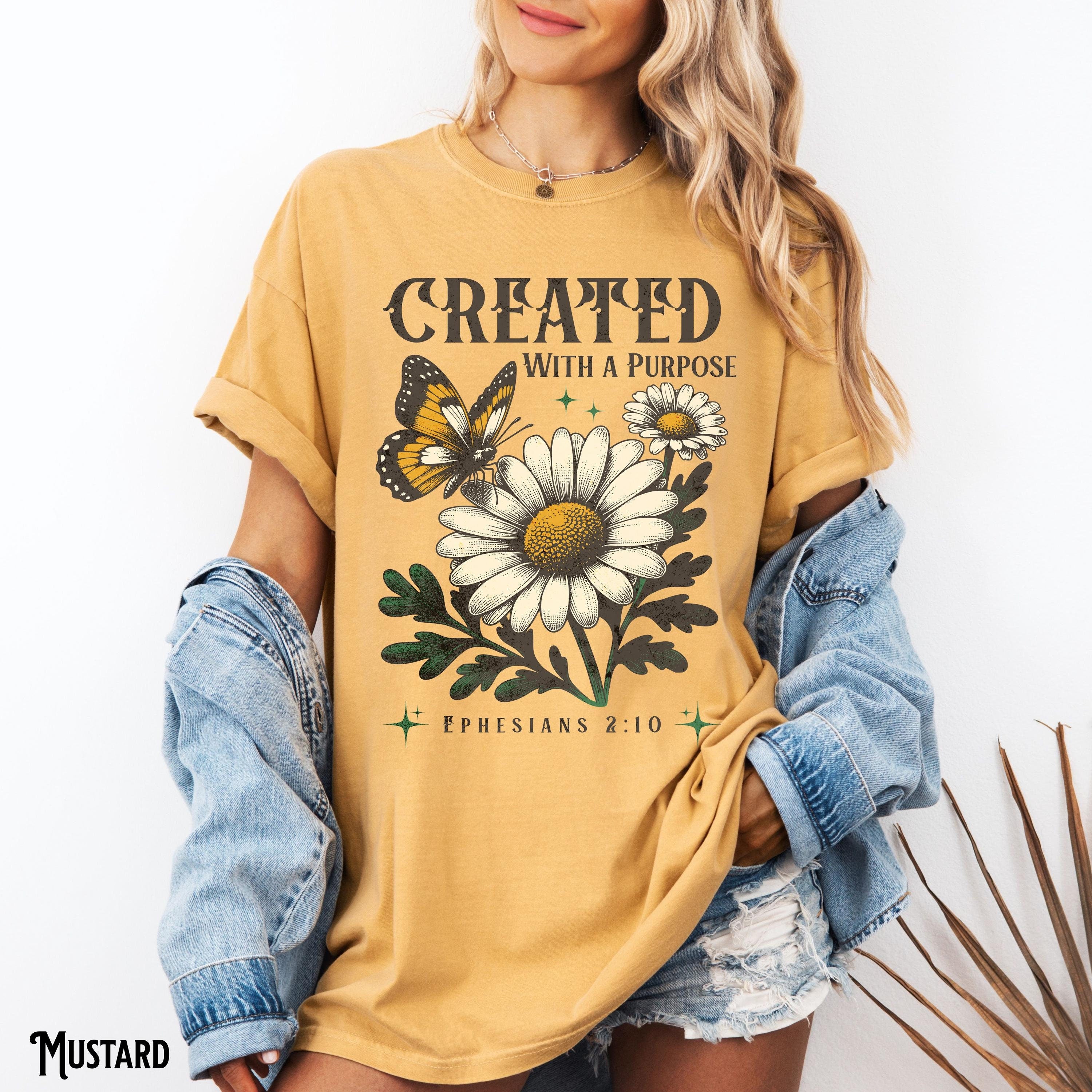 Christian Shirt Created With A Purpose Tee Boho Flower Christian T Shirt Bible Verse Faith Apparel Gift for Christian Graphic Tee – Bold Style · Trending Graphic Apparel