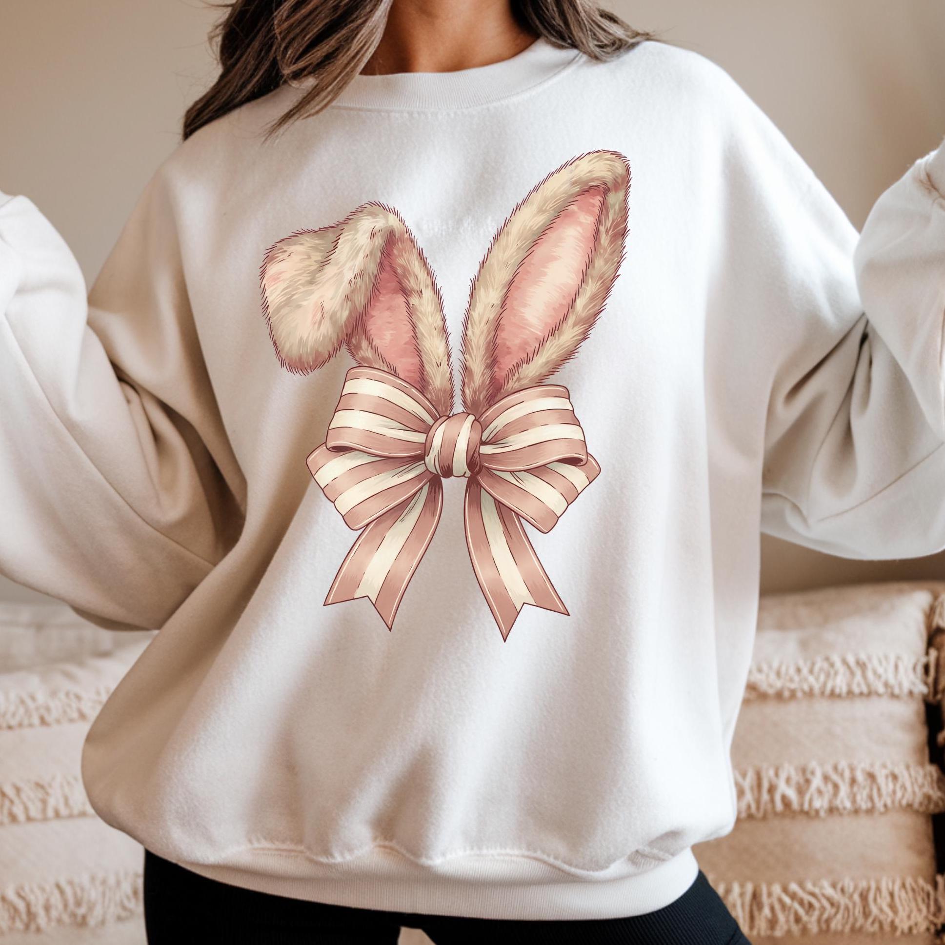 Cozy Cute Bunny Ears Sweatshirt with Coquette Bow Pink Bow and Stripes Easter shirt Bunny hoodie Cute Bunny Shirt for Women with Bow Hoodie – Everyday Comfort · Must-Have Style