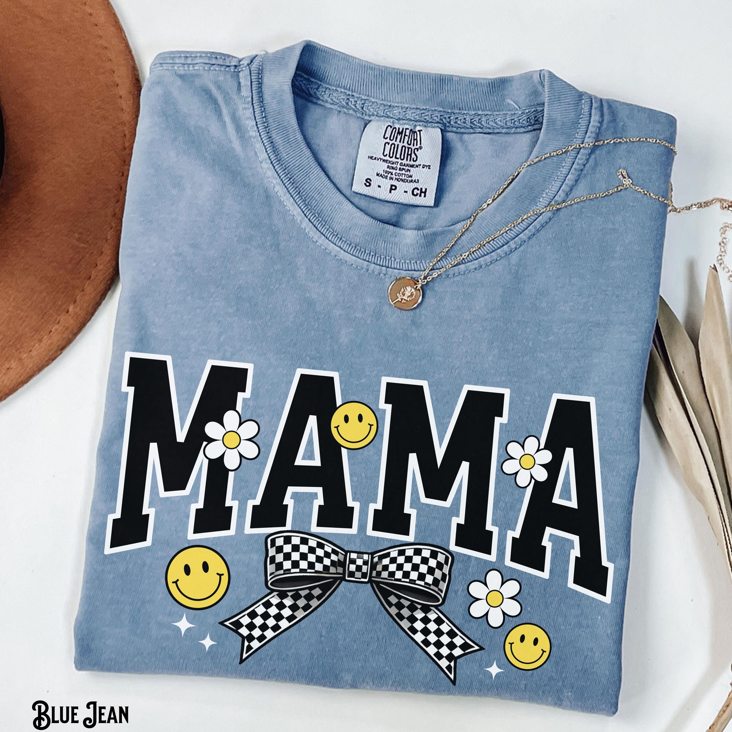 Mama Shirt Happy Face Mama Tee Trendy Retro T shirt Coquette Flowers Checker Bow Mother39s Day Gift Gift for Mom Graphic Tee – Cozy Vibes · Great Gift For Fans