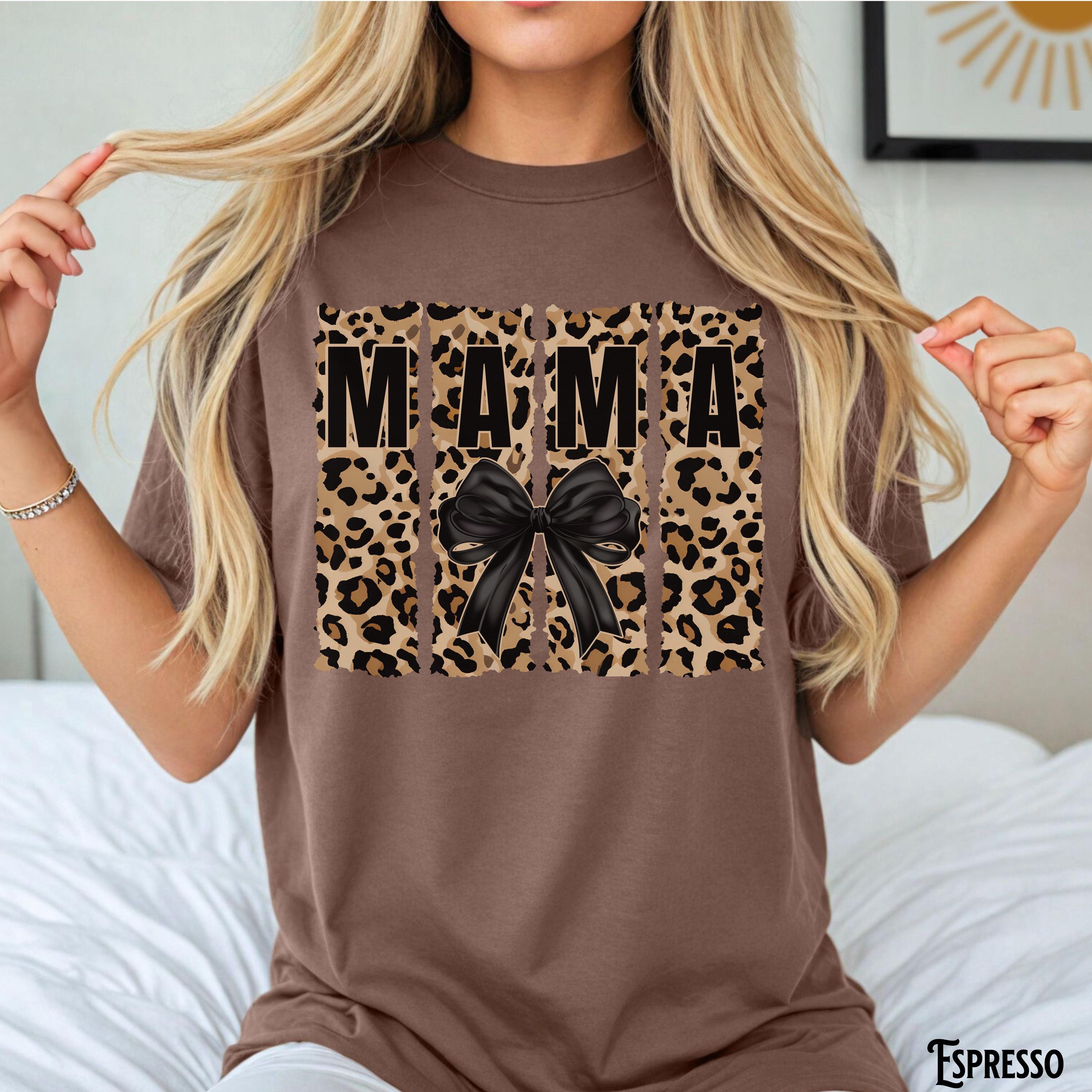 Mama Leopard Print Shirt Bow Tee Coquette Trendy Mama T shirt Animal Print Gift for Mom Mother39s Day Gift New Mom Graphic Tee – Bold Style · Great Gift For Fans