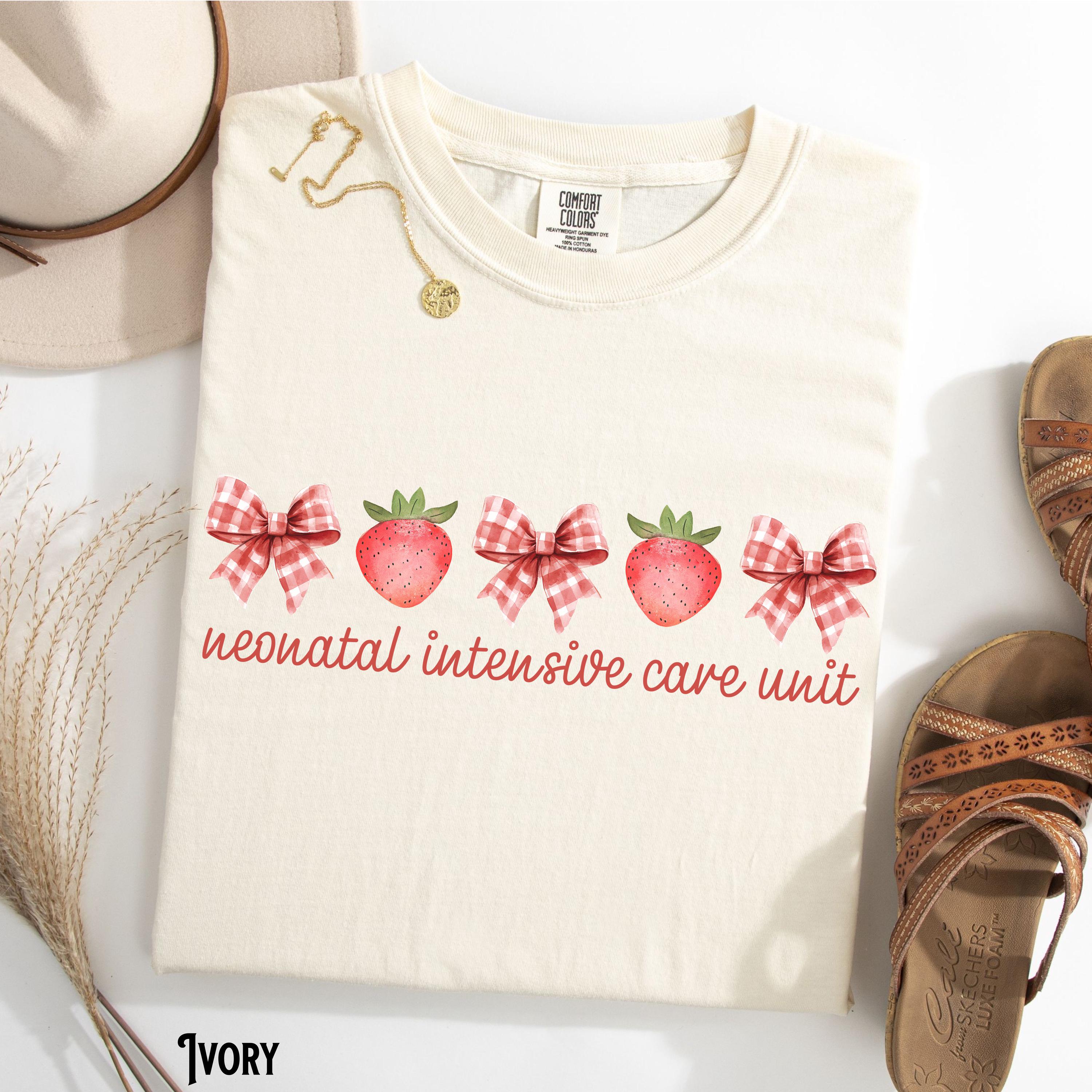 Neonatal Intensive Care Unit Shirt NICU Nurse Strawberry Bow Tee NICU Coquette T Shirt Doctor RN Spring Summer Gift Graphic Tee – Warm & Stylish · Trending Graphic Apparel